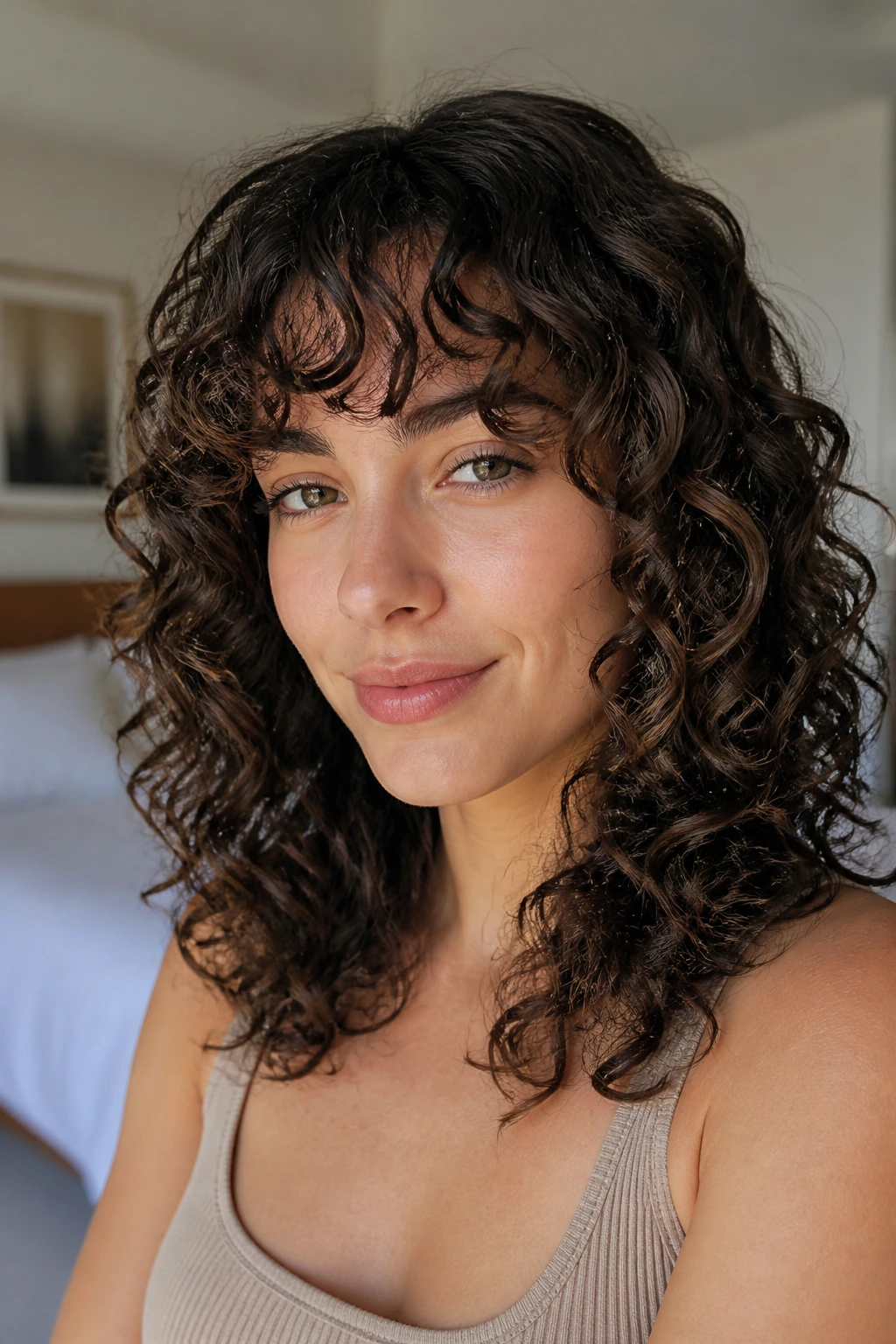 Close-up of a real woman with a soft Deva cut and rounded bangs in warm window light.