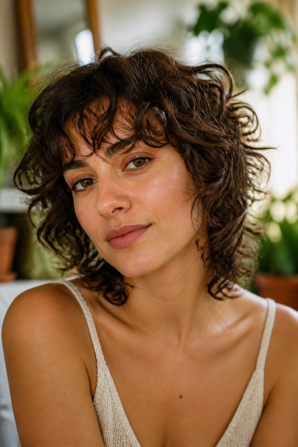 Close-up portrait of a person with Deva-cut curls and floaty bangs in a sunny room