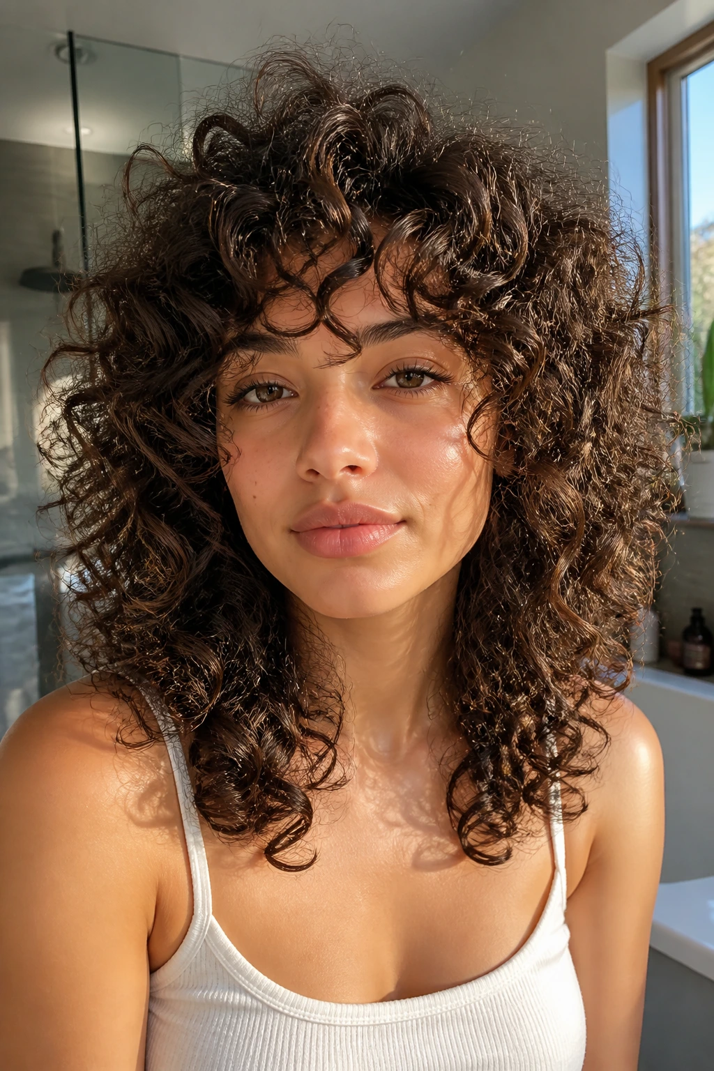 Close-up of a real woman with curl-by-curl Deva-cut-inspired shag in a sunlit bathroom.