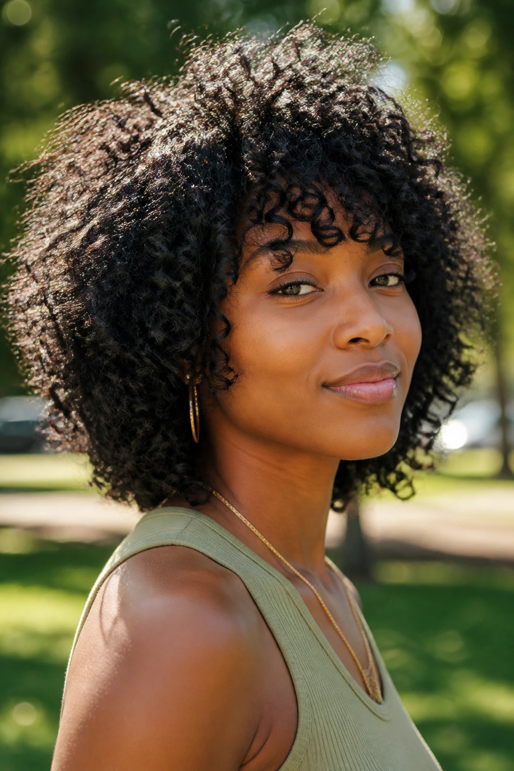 Close-up of a Black woman with Deva-cut inspired shag in park light