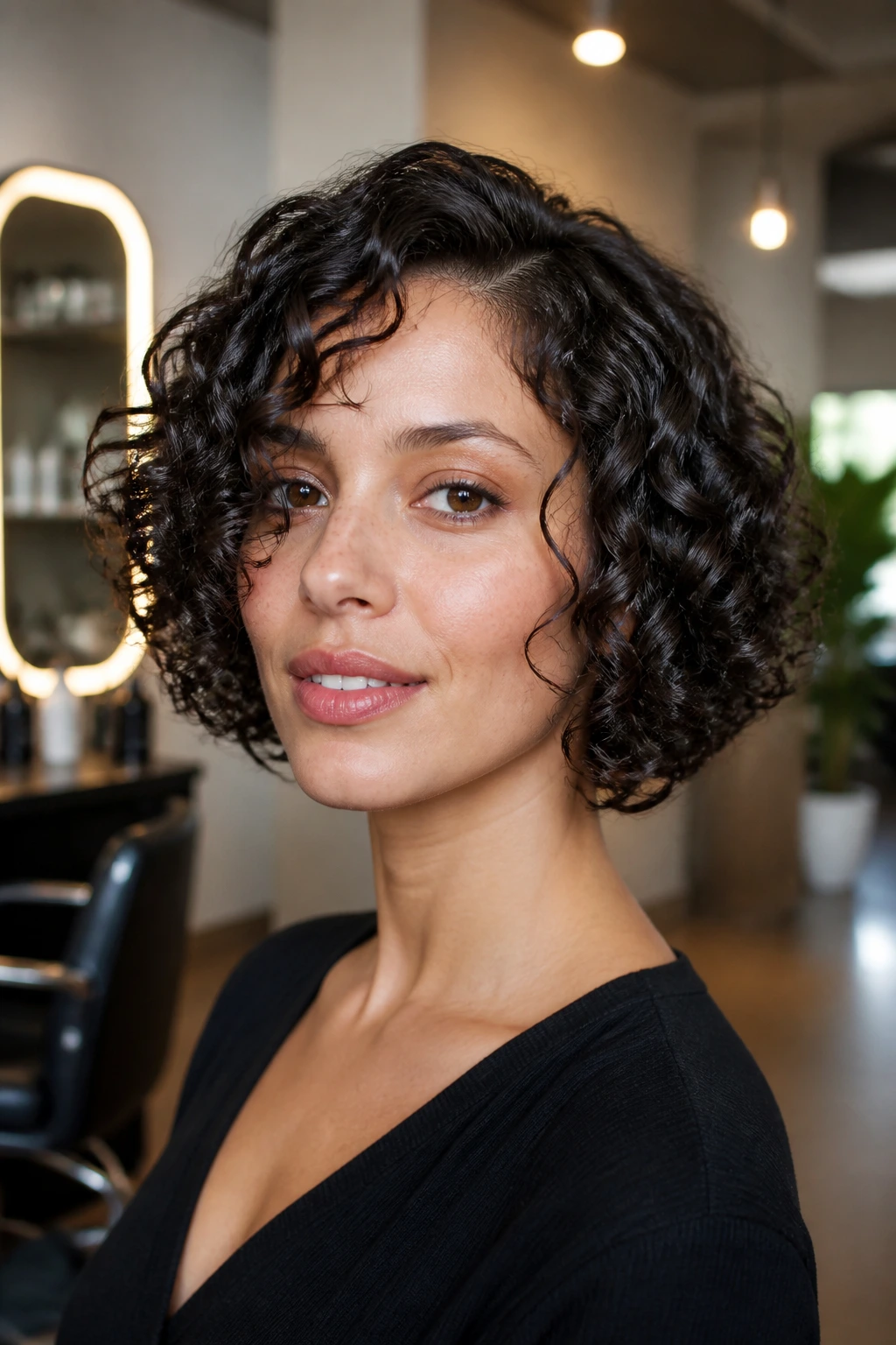 Close-up of real woman's Deva-cut curly bob showing curl-by-curl sculpting