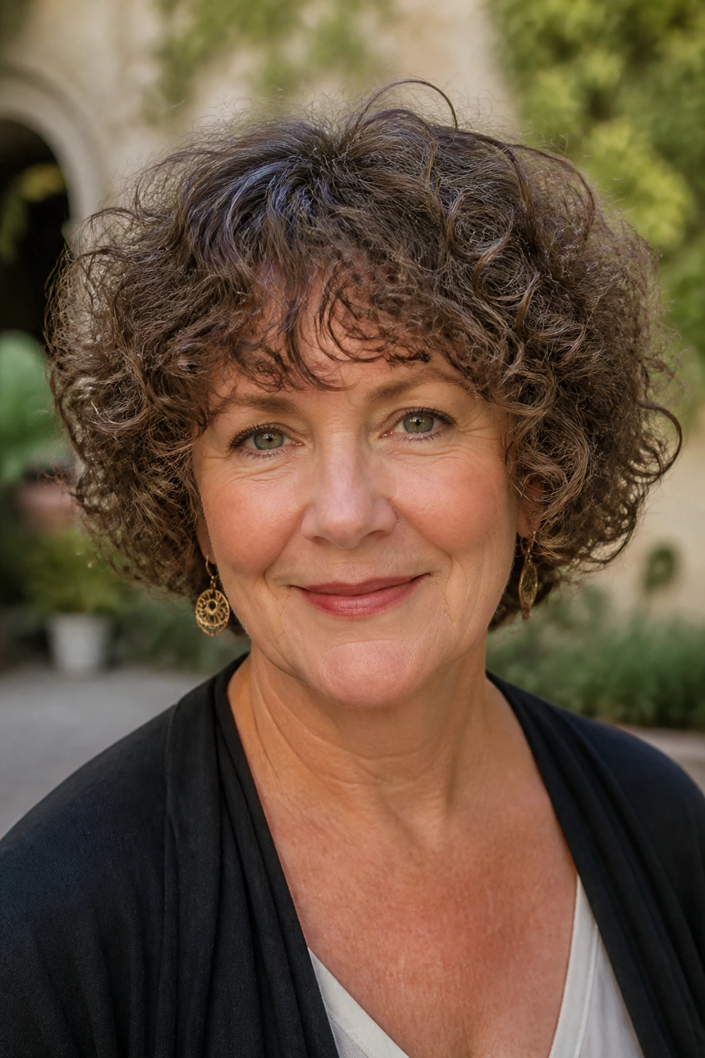 Close-up of a real woman with Deva-inspired round cut and face-framing bangs in an outdoor courtyard.