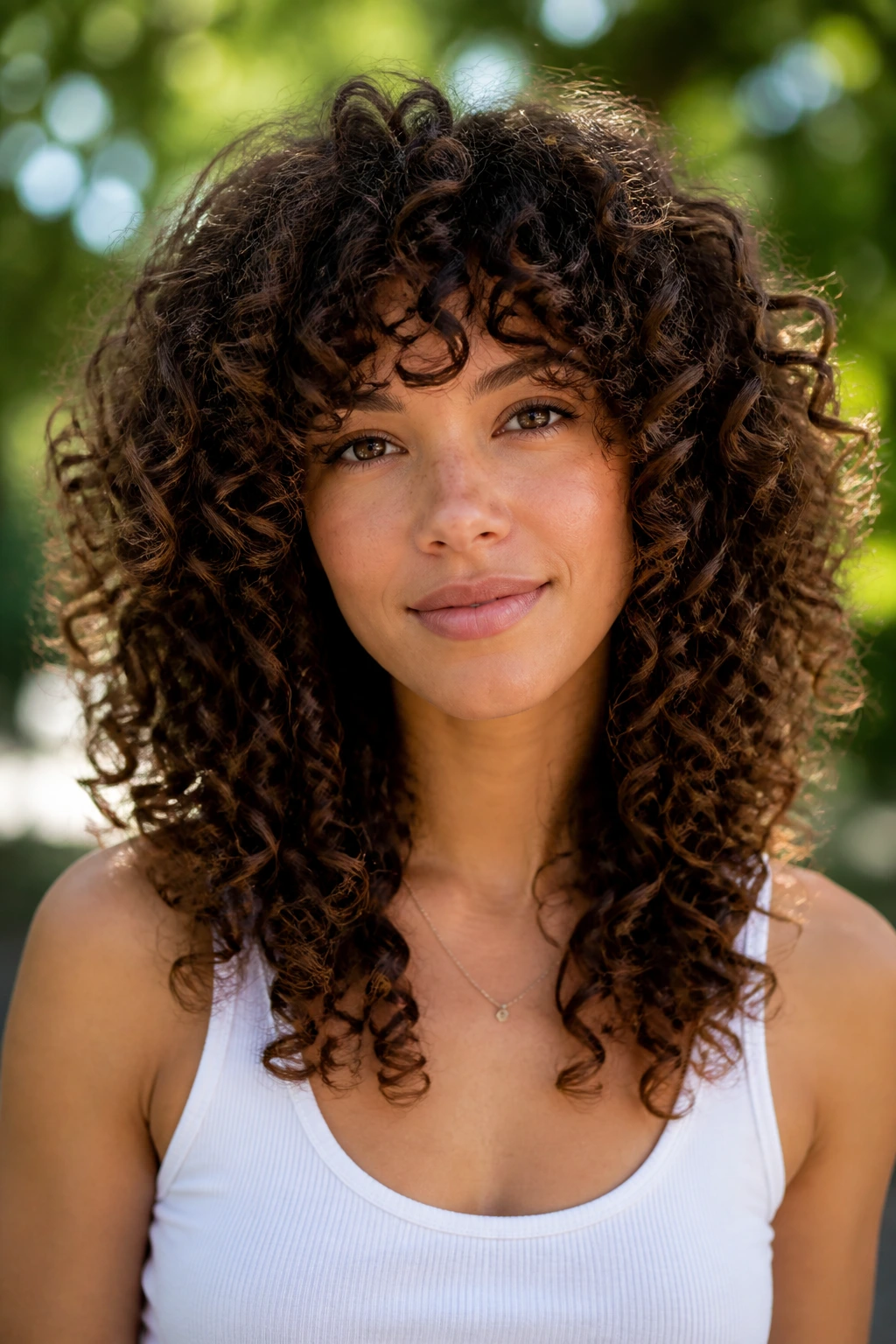 Front portrait of a real woman with Deva-inspired stacked layers on 3A/3B curls