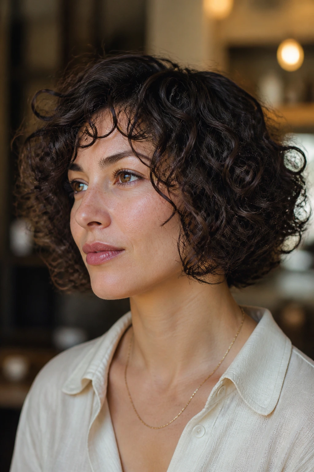 Close-up of a real woman with DevaCut bob showing curl-by-curl shaping in a salon-like setting