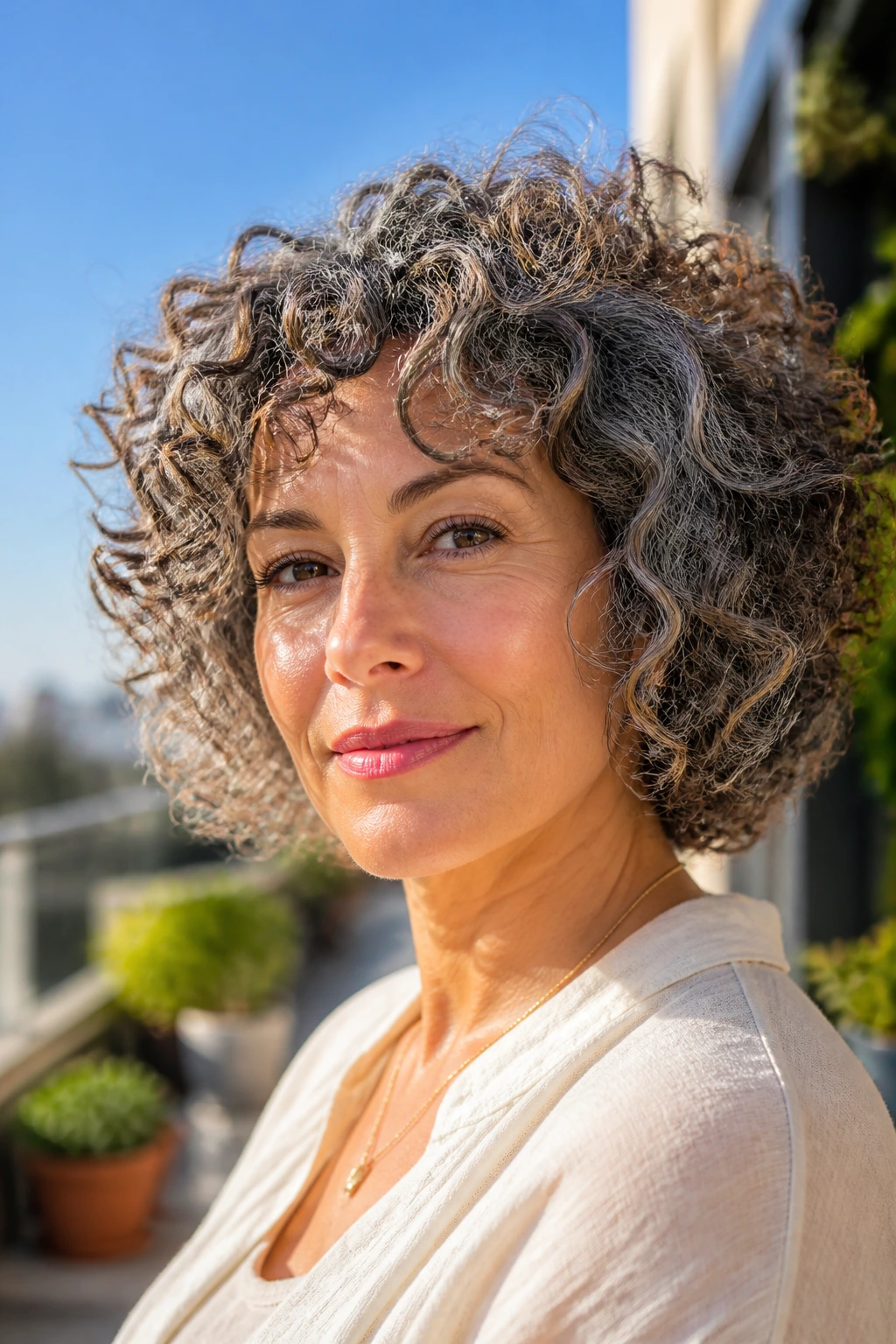 Close-up of a woman with diverse curl patterns shaped by a DevaCut-inspired approach.