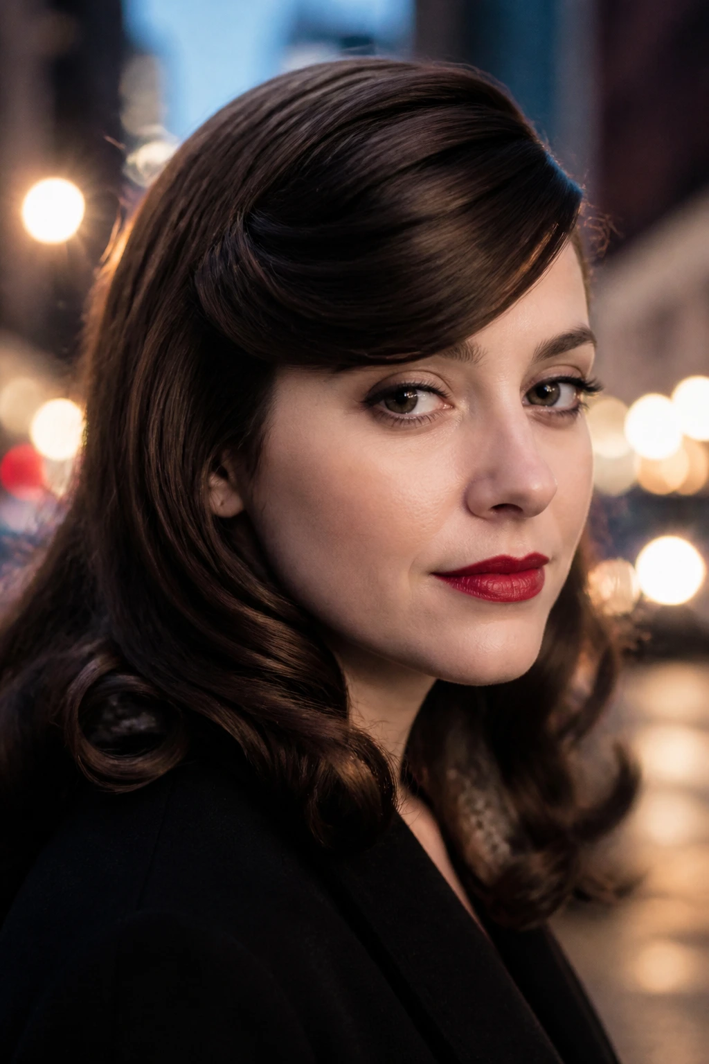Close-up of a real woman with deep diagonal bangs sweeping to the side in a 1940s style.