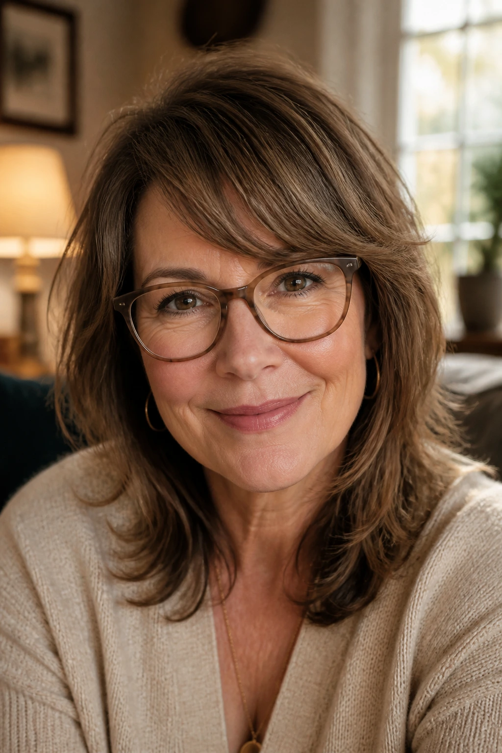 Close-up of a woman with diagonal bangs and soft fringe edges in warm window light