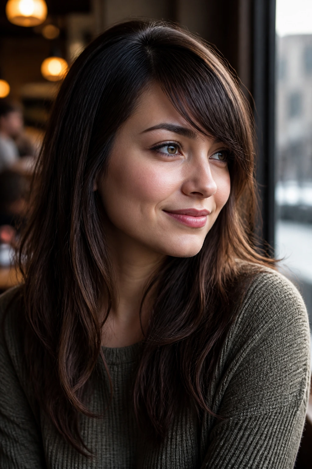 Close-up of a real woman with diagonal side bangs for round face