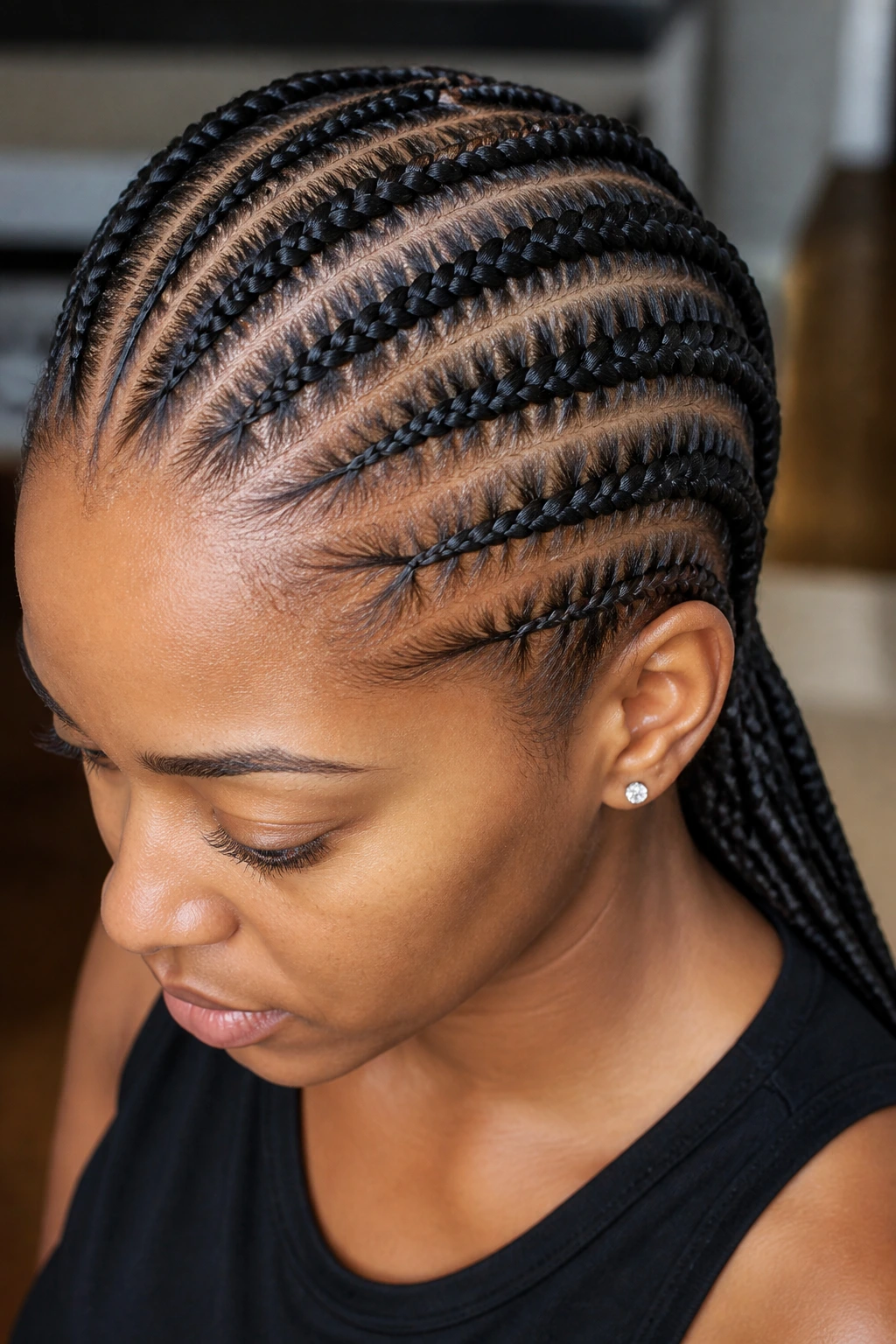 Close-up of real person with diagonal feed-in braids across the scalp