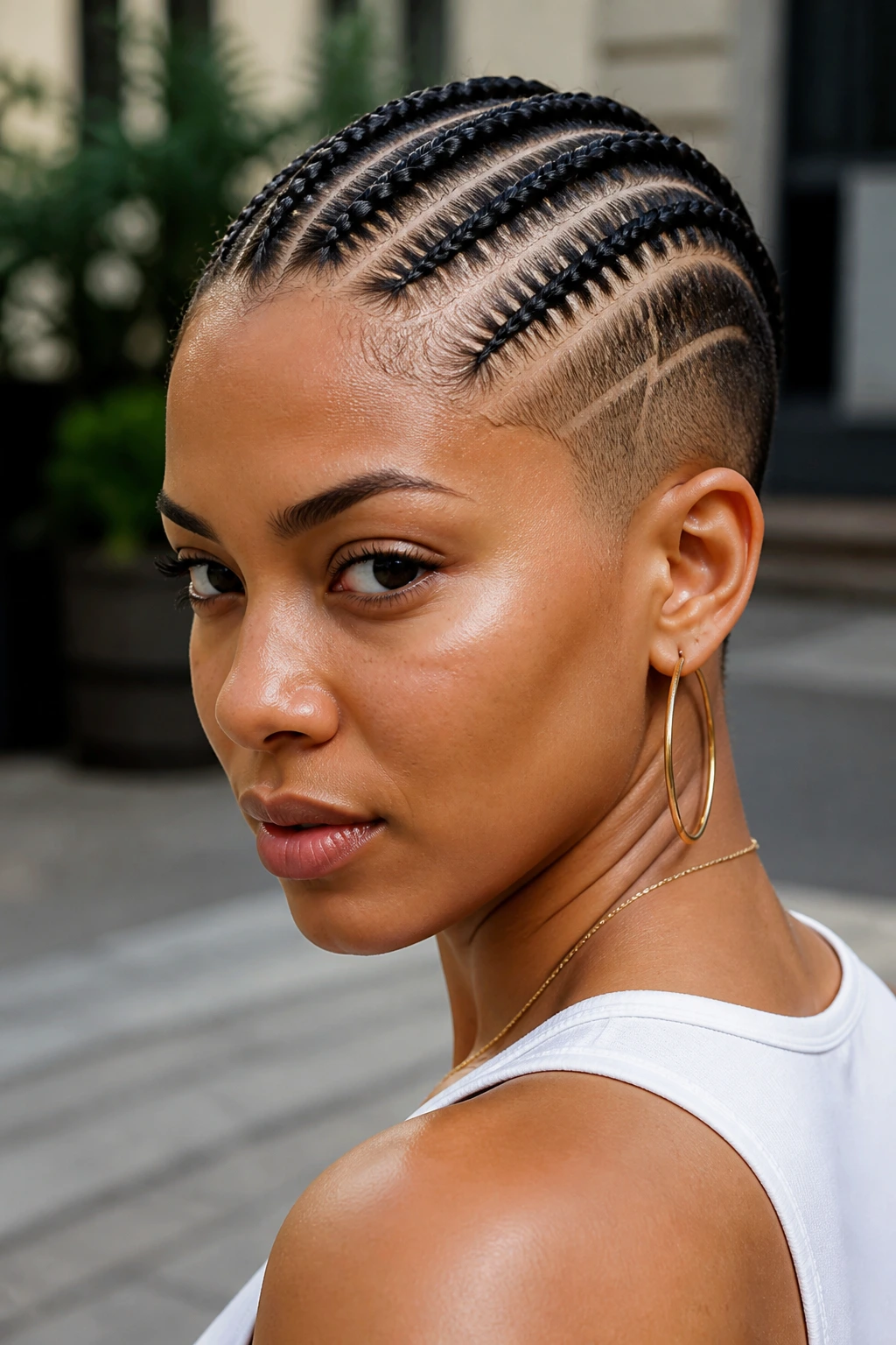 Close-up of diagonal cornrows with a carved part and shaved sides