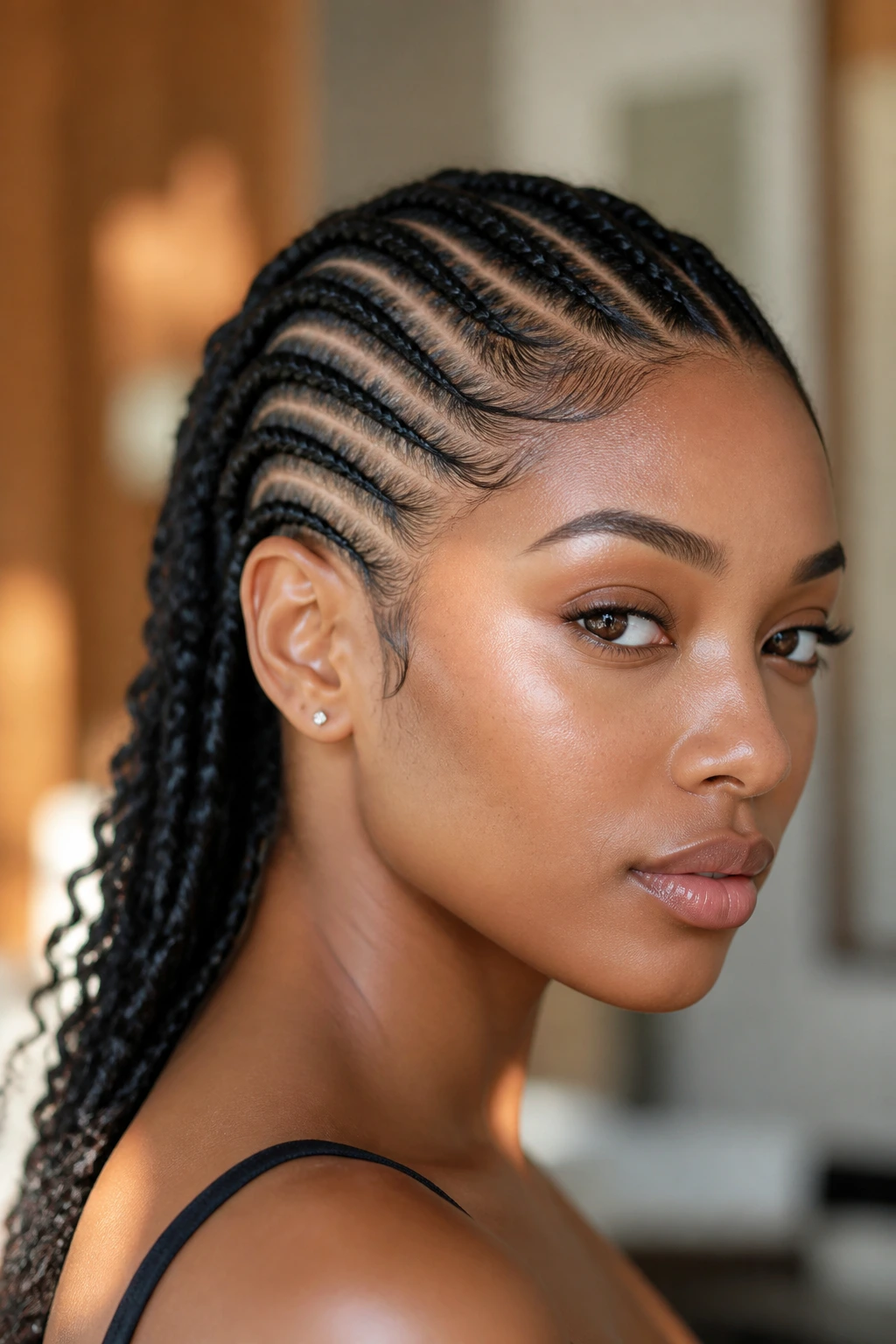 Portrait of a woman with diagonal cornrows along the cheekbone