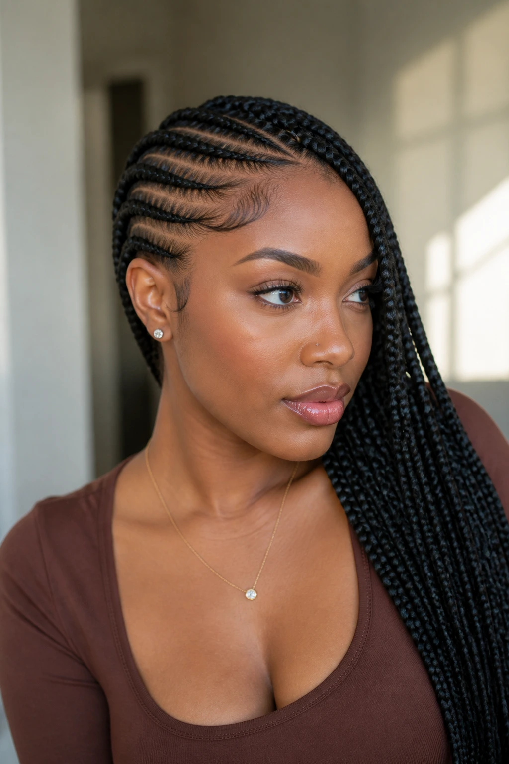 Portrait of a real woman with diagonal cornrows sweeping to one side
