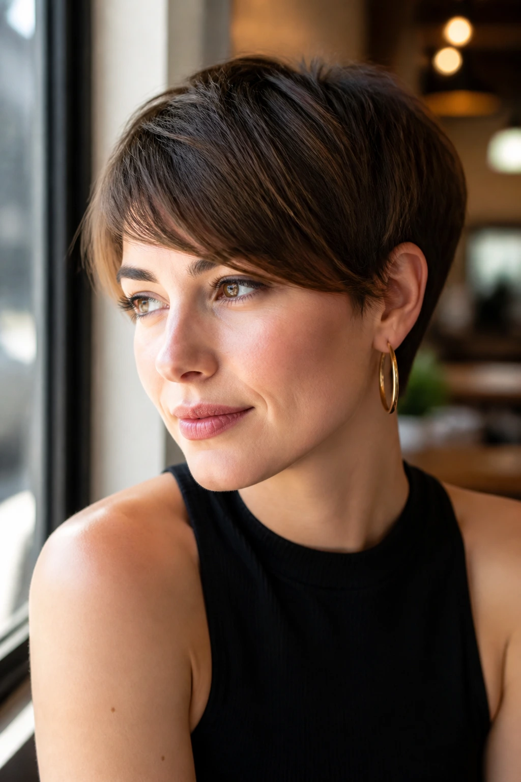 Portrait of a woman with diagonal crop bangs by a cafe window