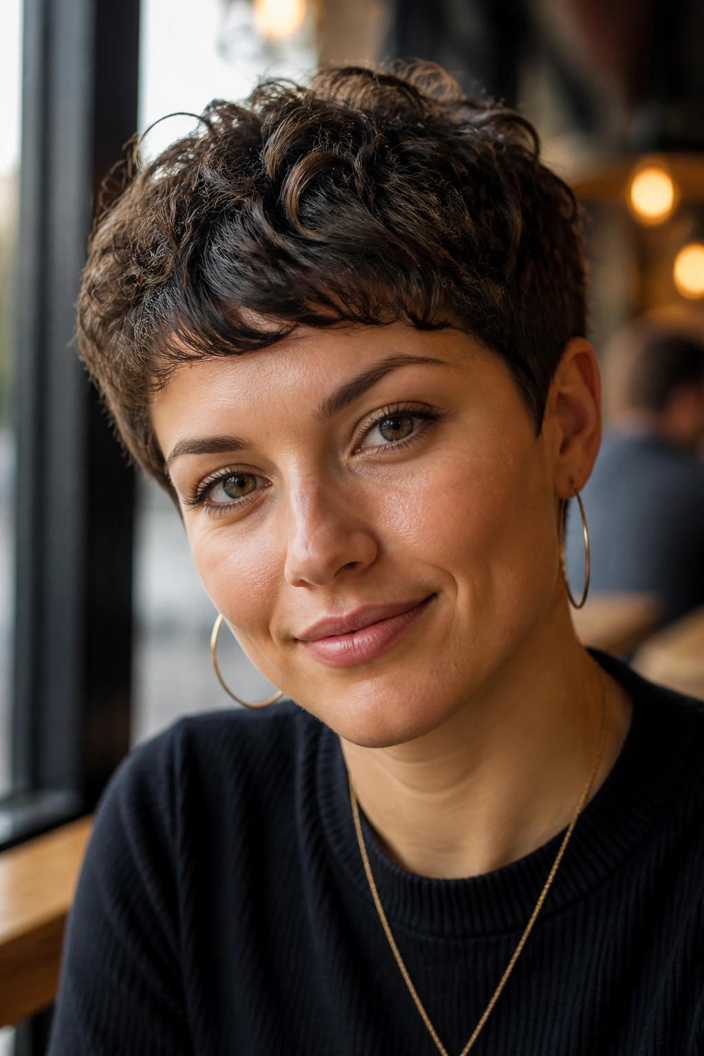 Close-up of person with diagonal fringe crop across forehead and short sides