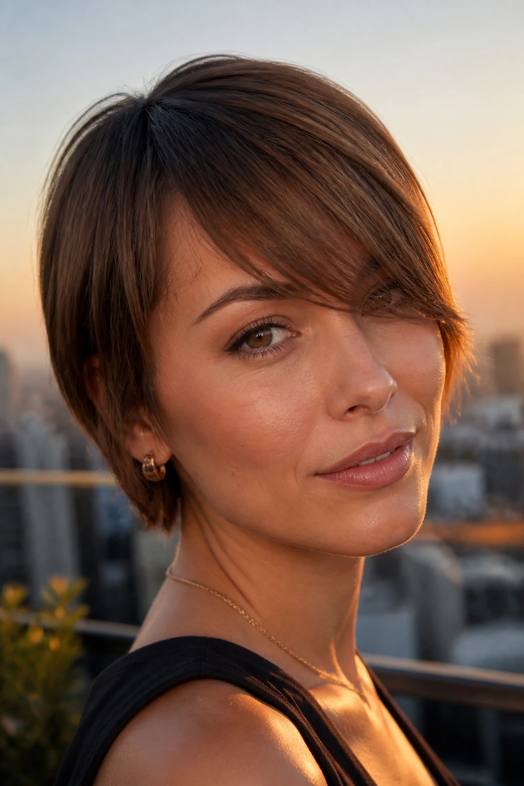 Close-up of a real woman with a diagonal fringe across the forehead in golden hour light