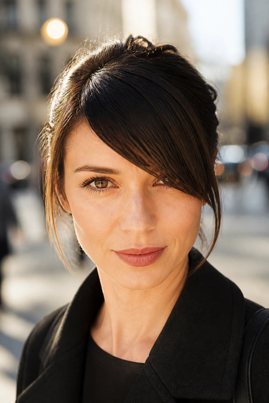 Close-up of a real woman with diagonal fringe across the forehead in warm light