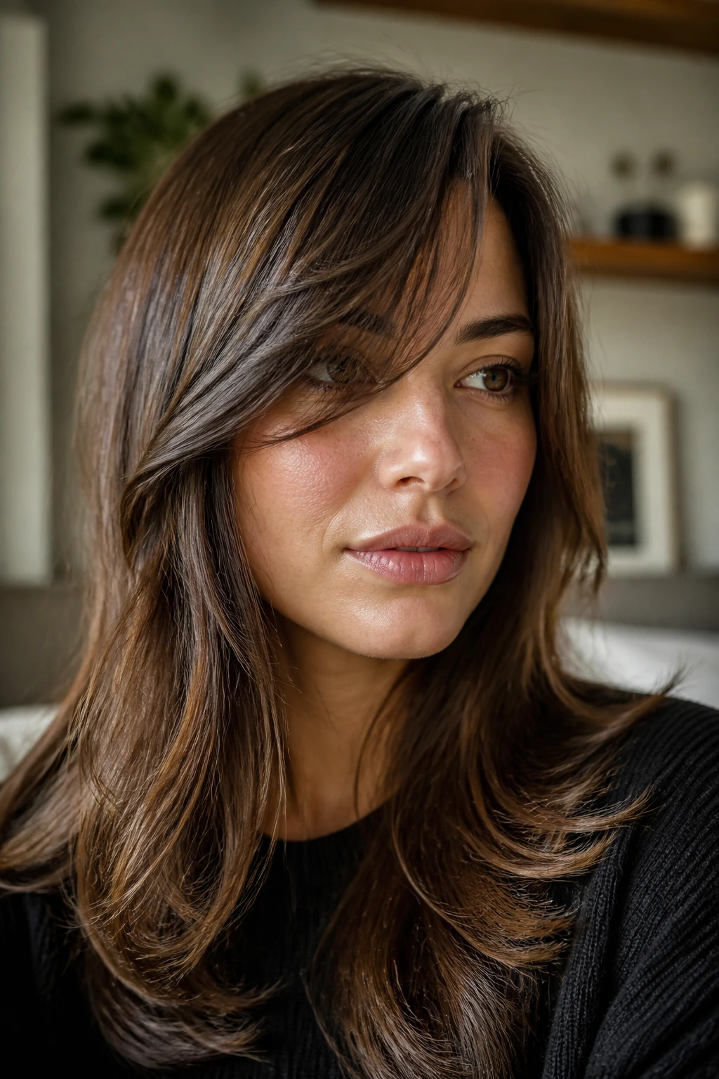 Close-up of a woman with a diagonally parted softer fringe