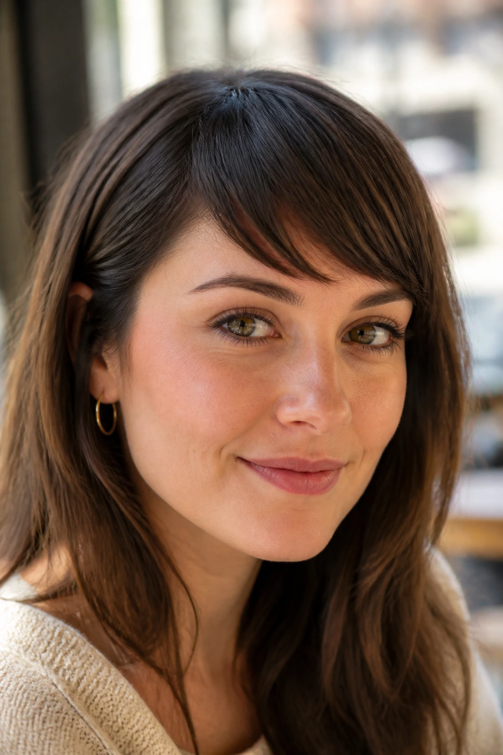 Portrait of a woman with diagonal fringe in cafe lighting