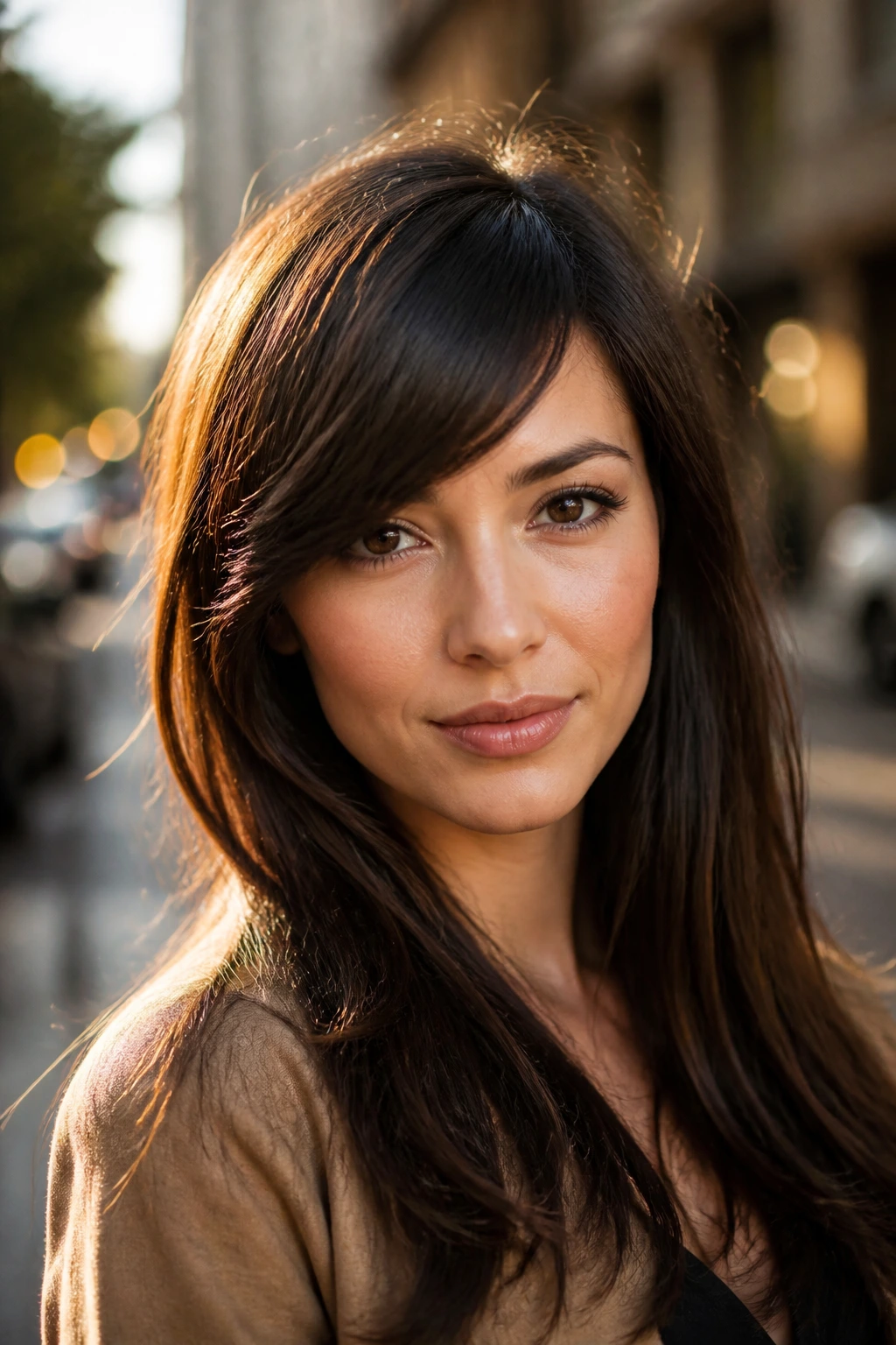 Close-up of a real person with a diagonal fringe across the forehead in golden hour outdoor light