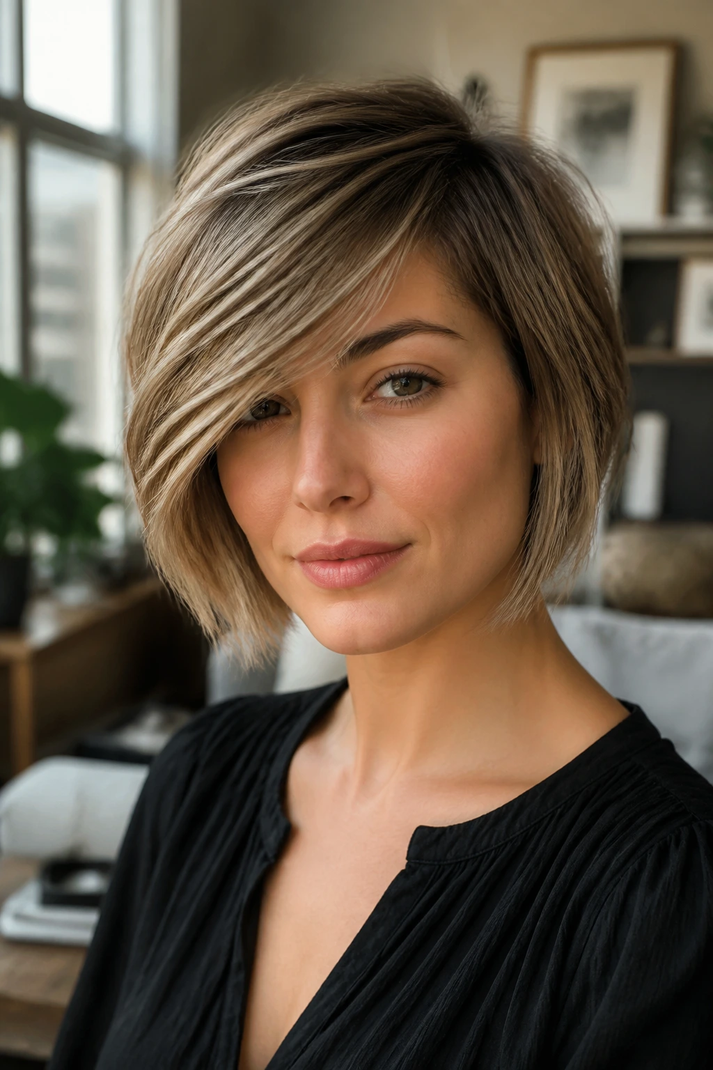 Close-up portrait of a woman with diagonal side-swept fringe on a round face in warm window light