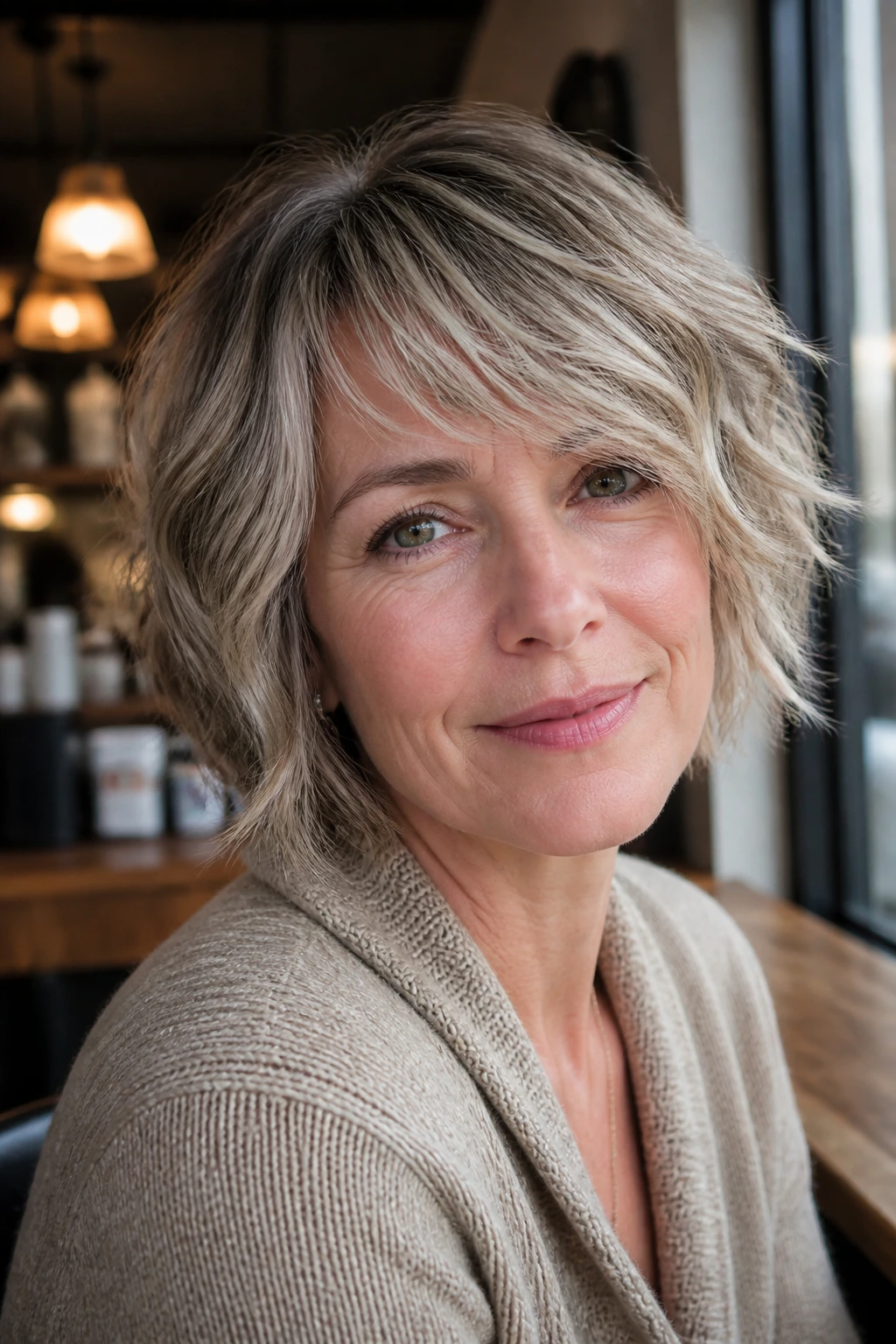 Portrait of a real woman with a diagonal fringe shag in a cozy coffee shop.
