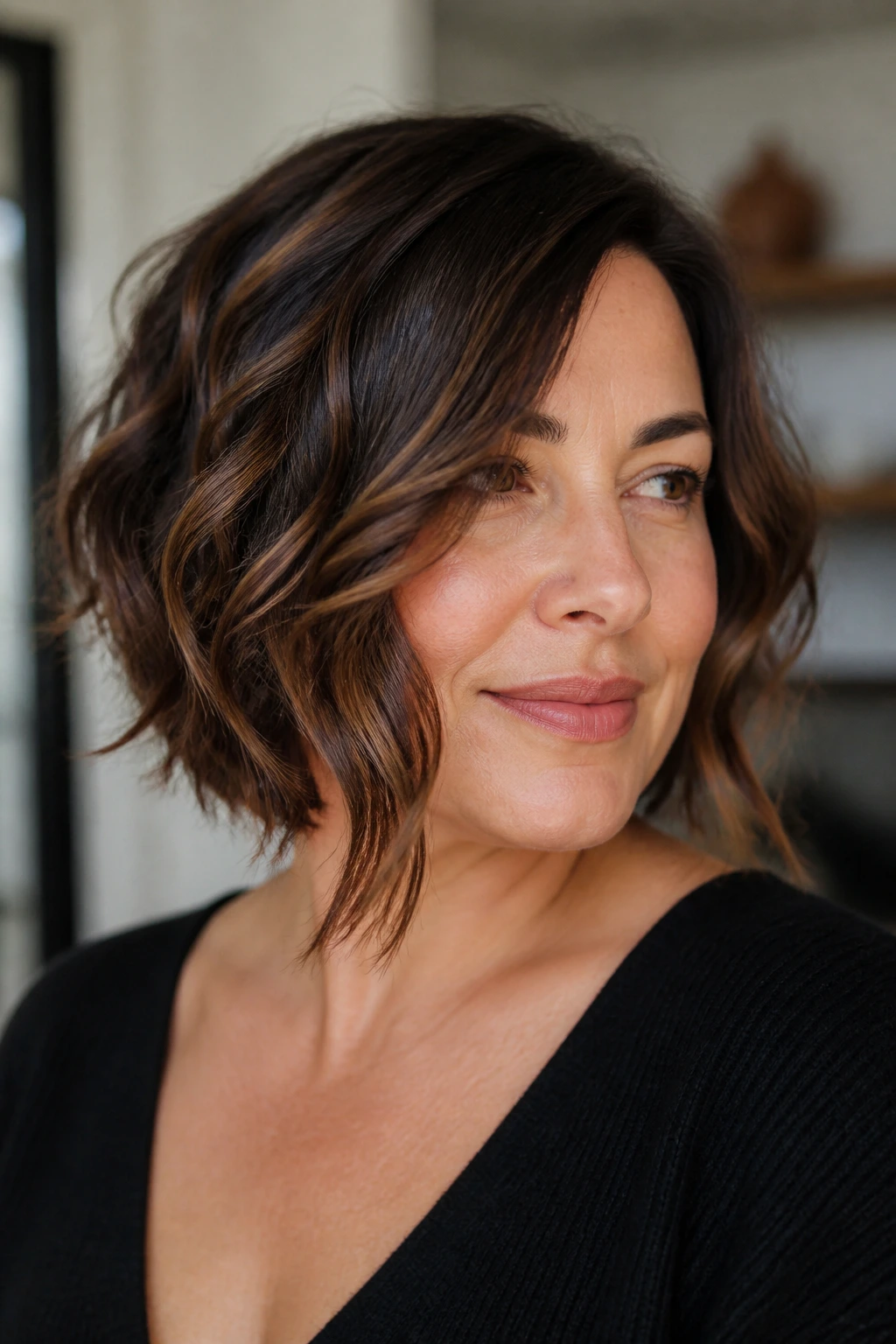 Close-up of a real person with diagonal Italian bob showing curved waves