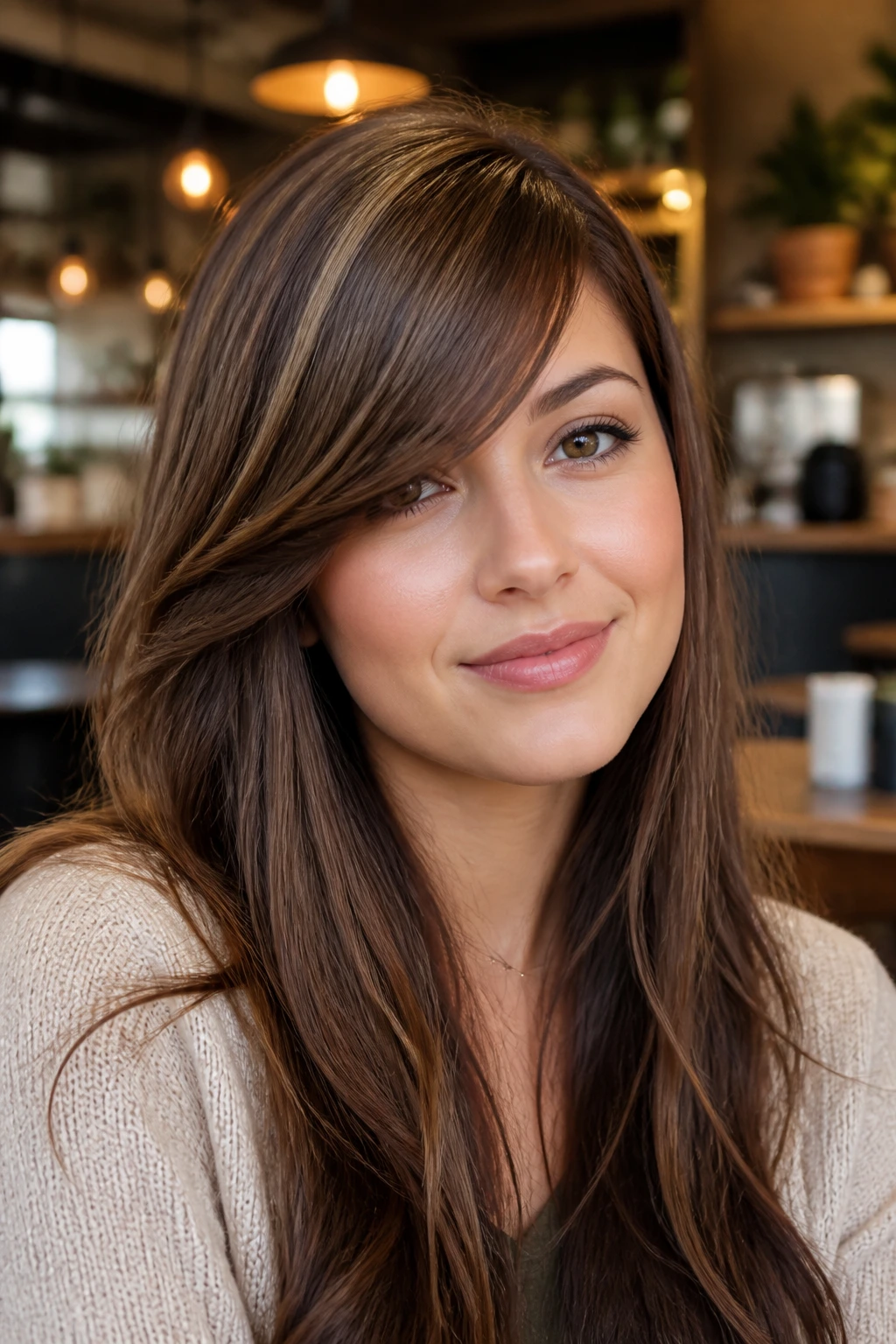 Portrait of a real person with a diagonal line fringe flatting a round face.