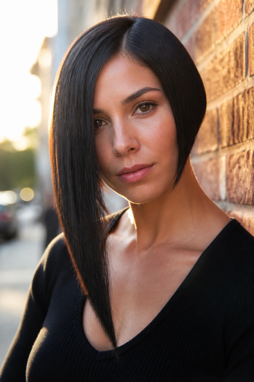 Portrait of a real woman with a strong diagonal line bob showing a bold angle.