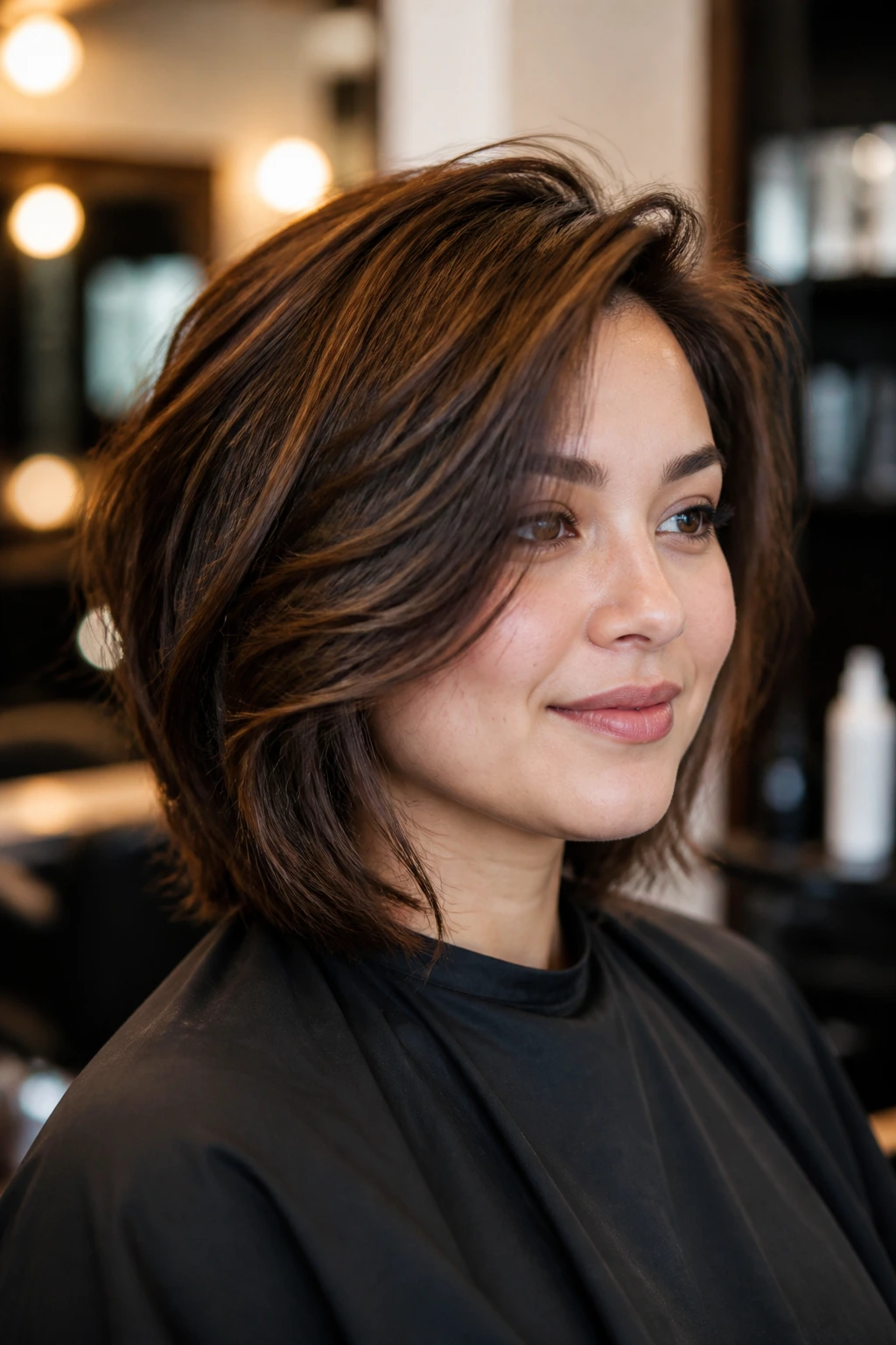 Real person with a structured cut showing diagonal lines and crown lift