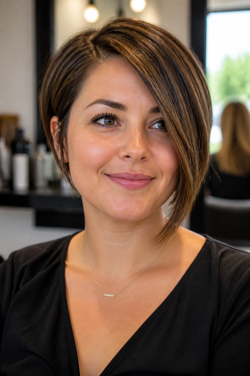 Close-up of a real woman with a diagonal-line haircut that flatters a round face