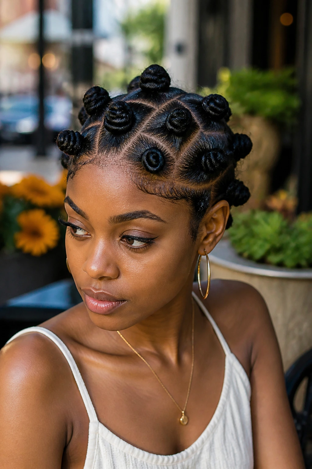 Close-up portrait of a woman with diagonal-part Bantu knots.