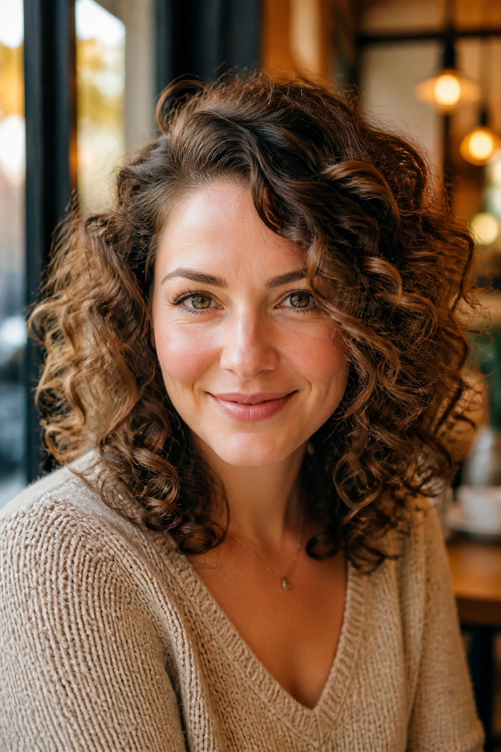 Portrait of a real woman with a diagonal part and curly layers framing her face