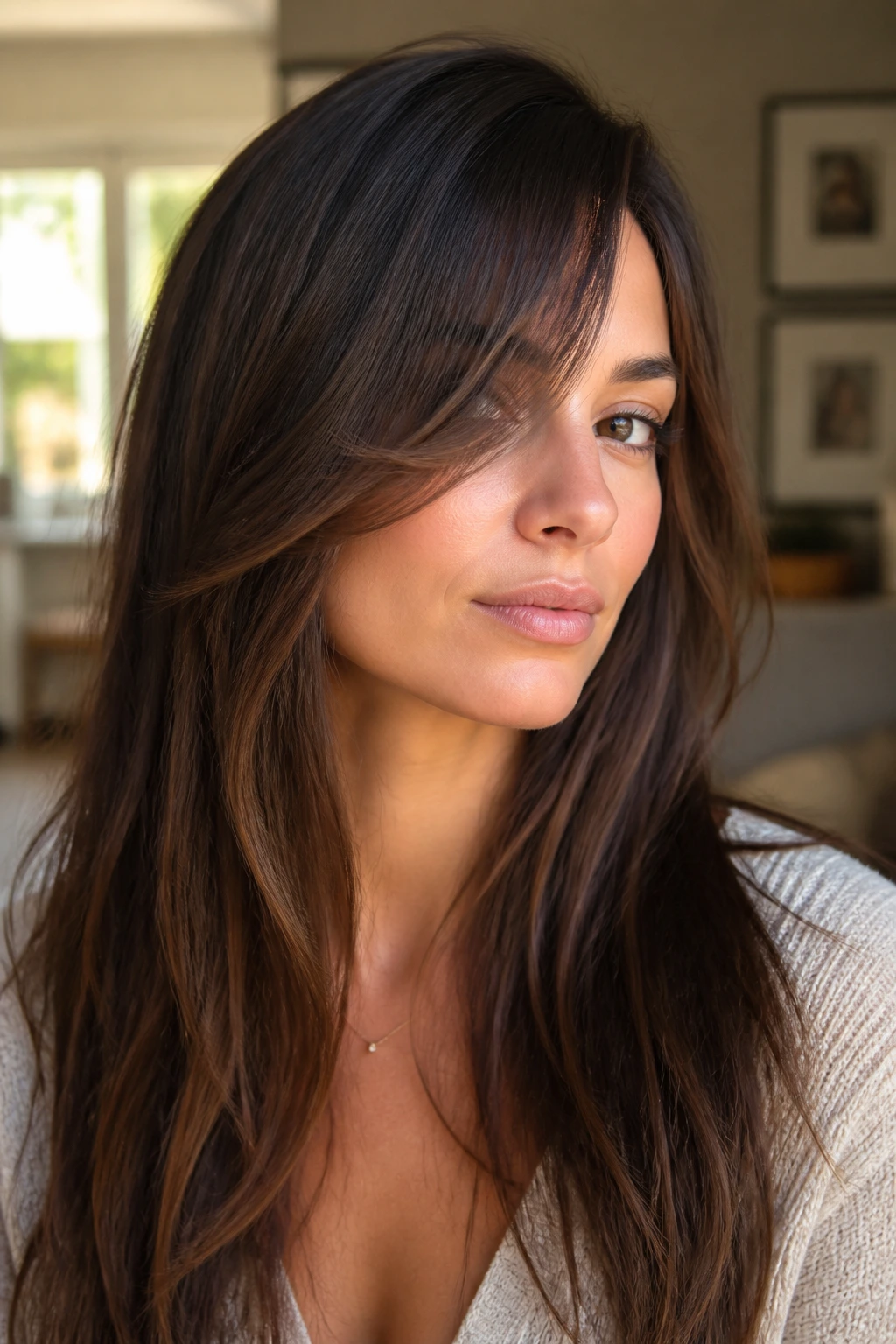 Portrait showing diagonal side bang shaping the face outline on a real person