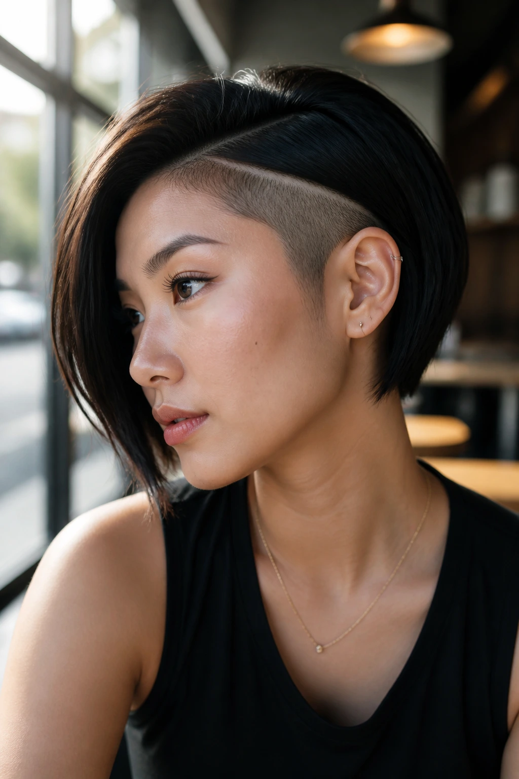 Three-quarter profile of a real woman with a diagonal side-panel shave.