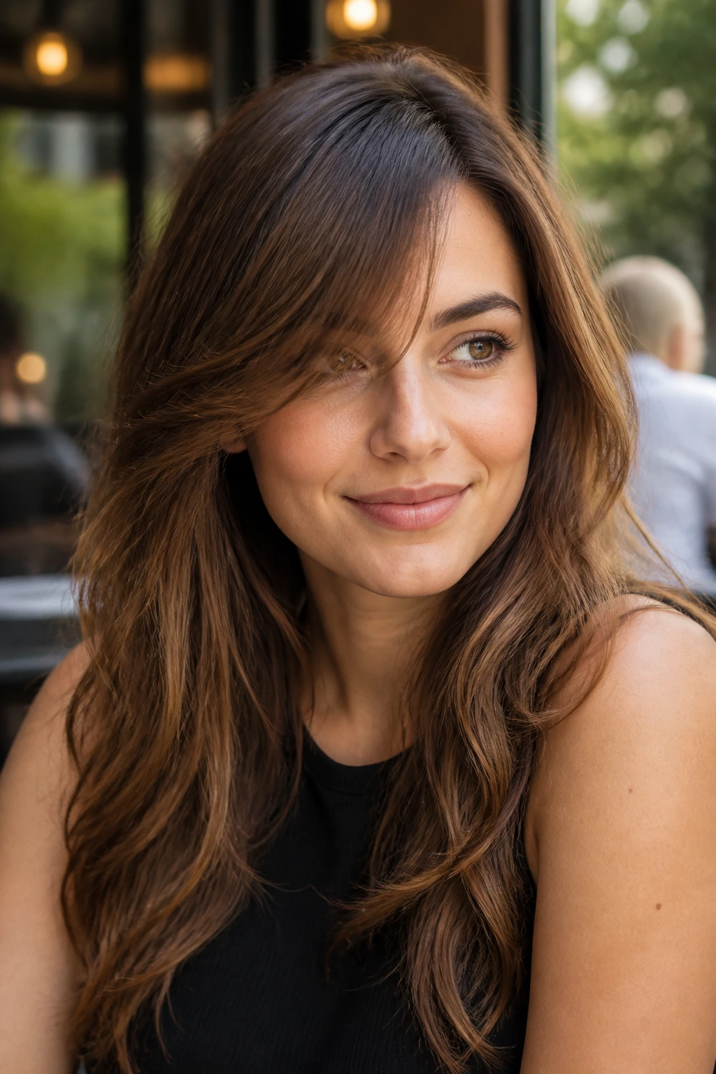 Close-up of a real woman with diagonal sweep fringe.