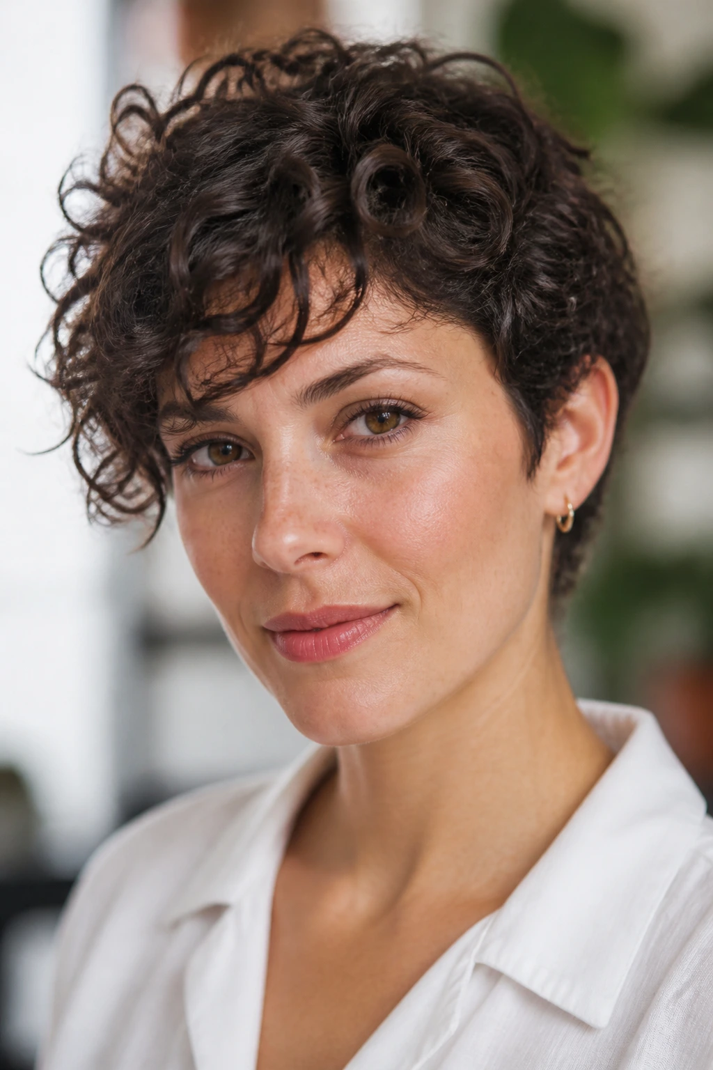 Close-up portrait of a real woman with a short curly cut and side fringe flattering a diamond face