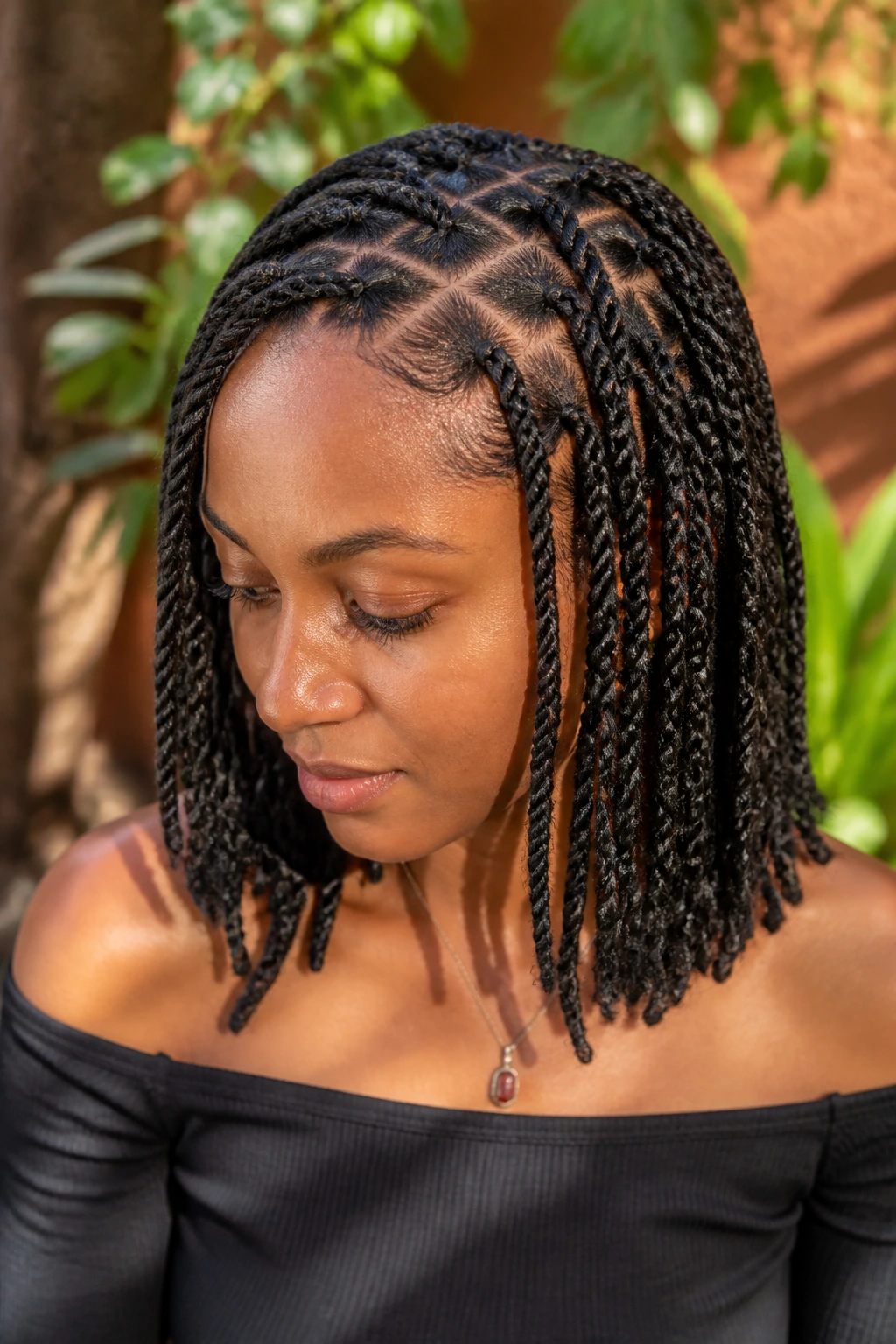Portrait of a woman with diamond-part Senegalese twists showing diamond scalp pattern