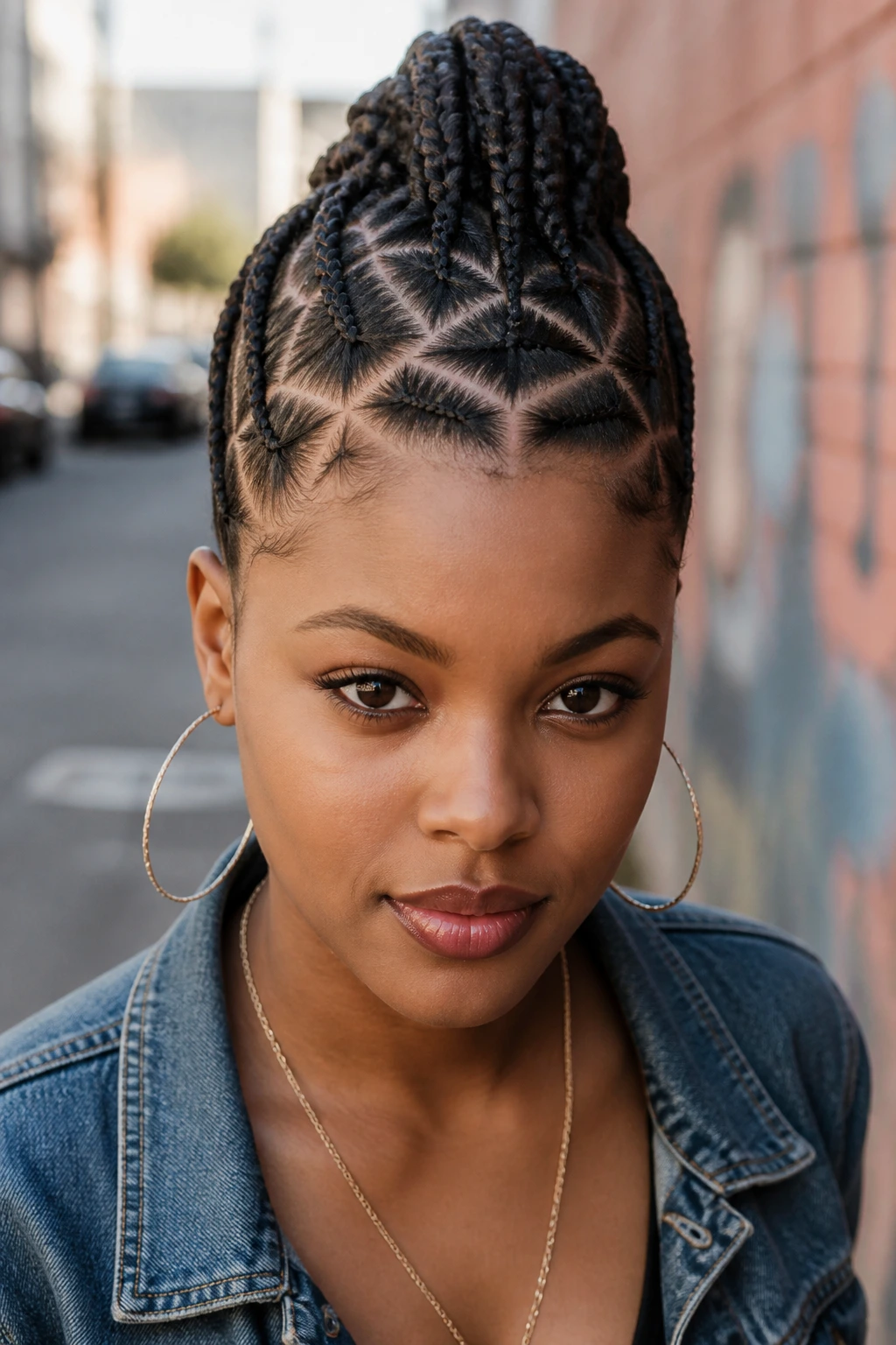Close-up portrait of a real woman with a diamond-pattern feed-in mohawk.