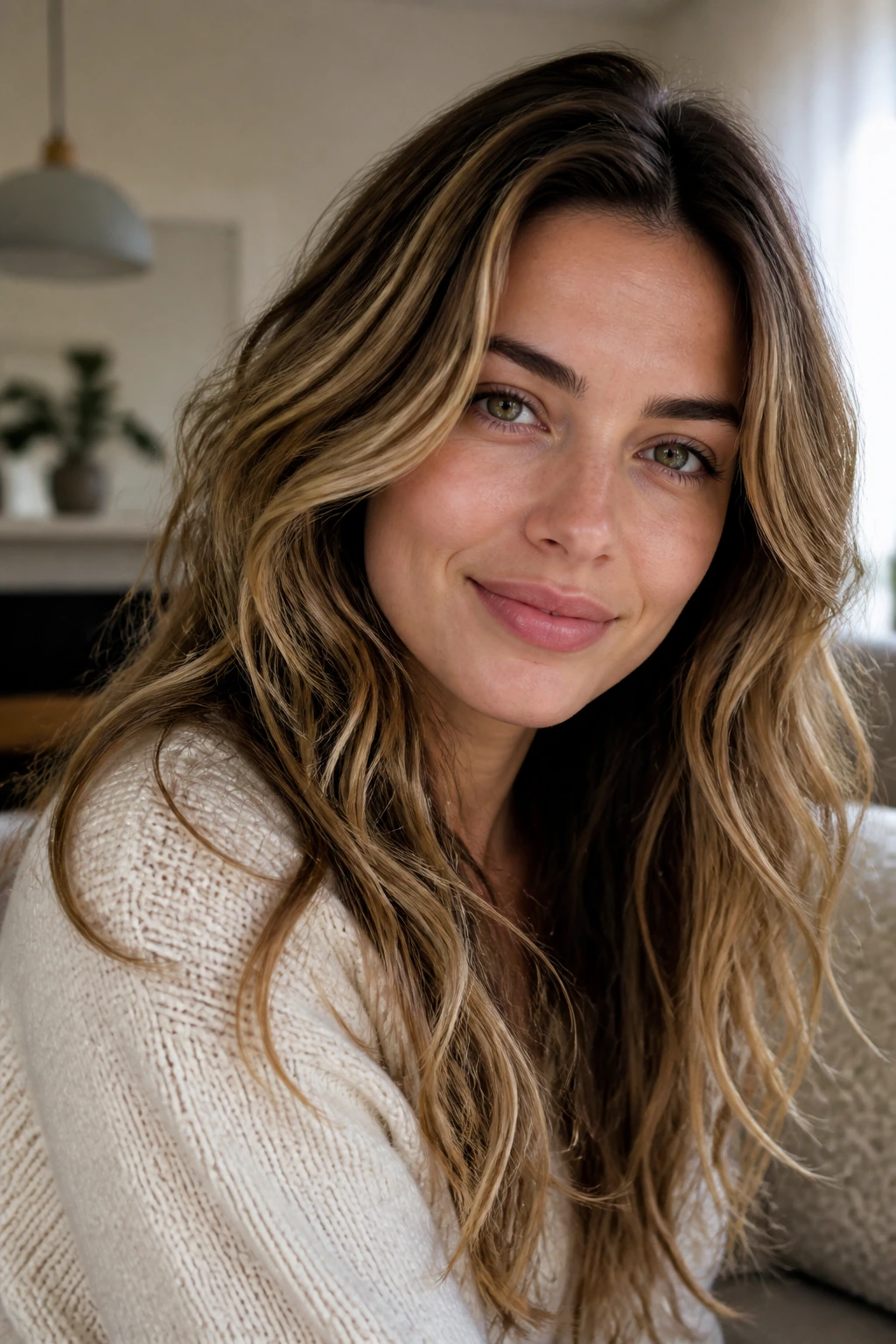 Close-up of a woman with natural diffused waves in a cozy room