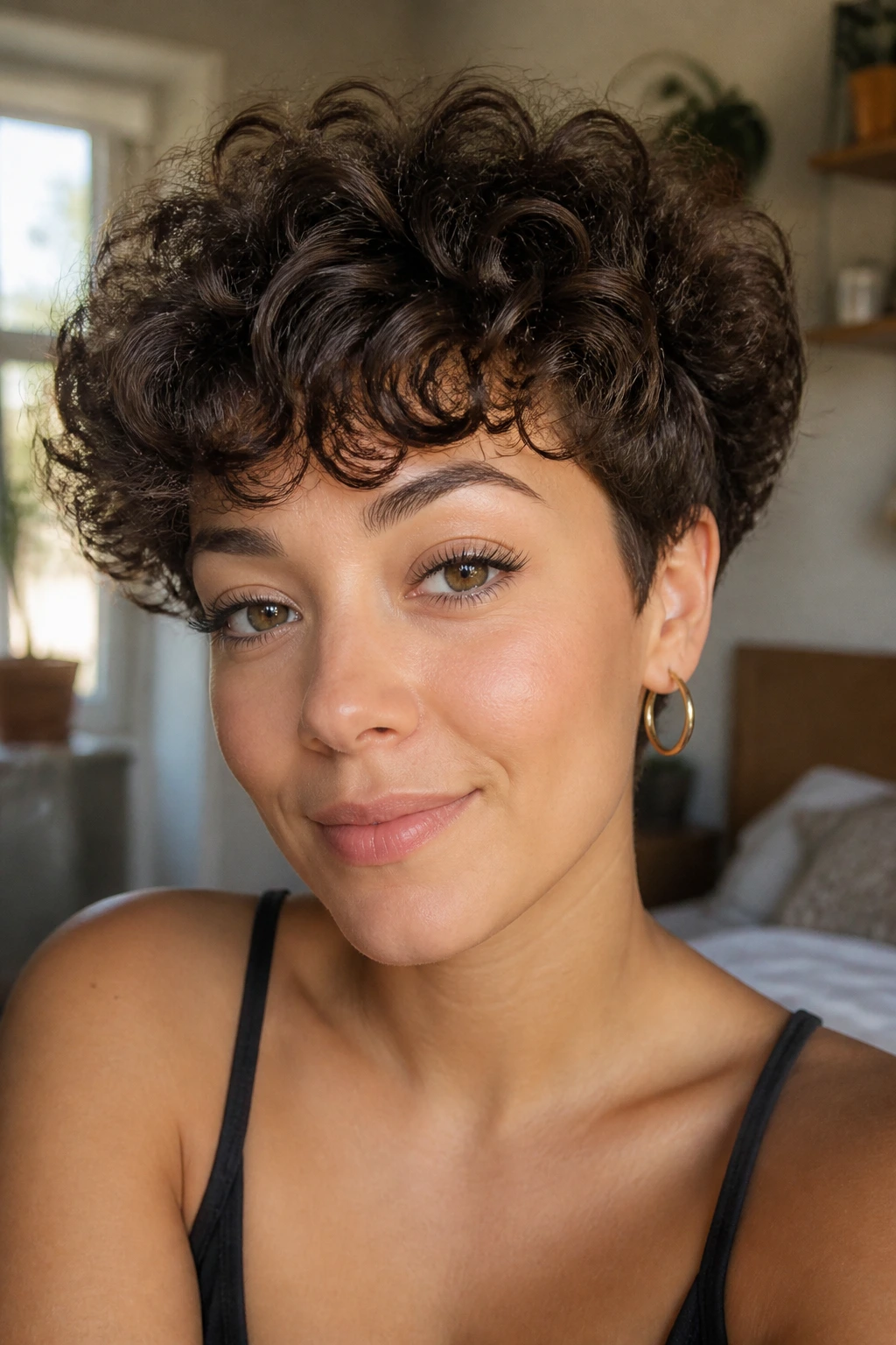 Close-up of a woman with a diffused puff fringe and lifted front curls in warm bedroom light