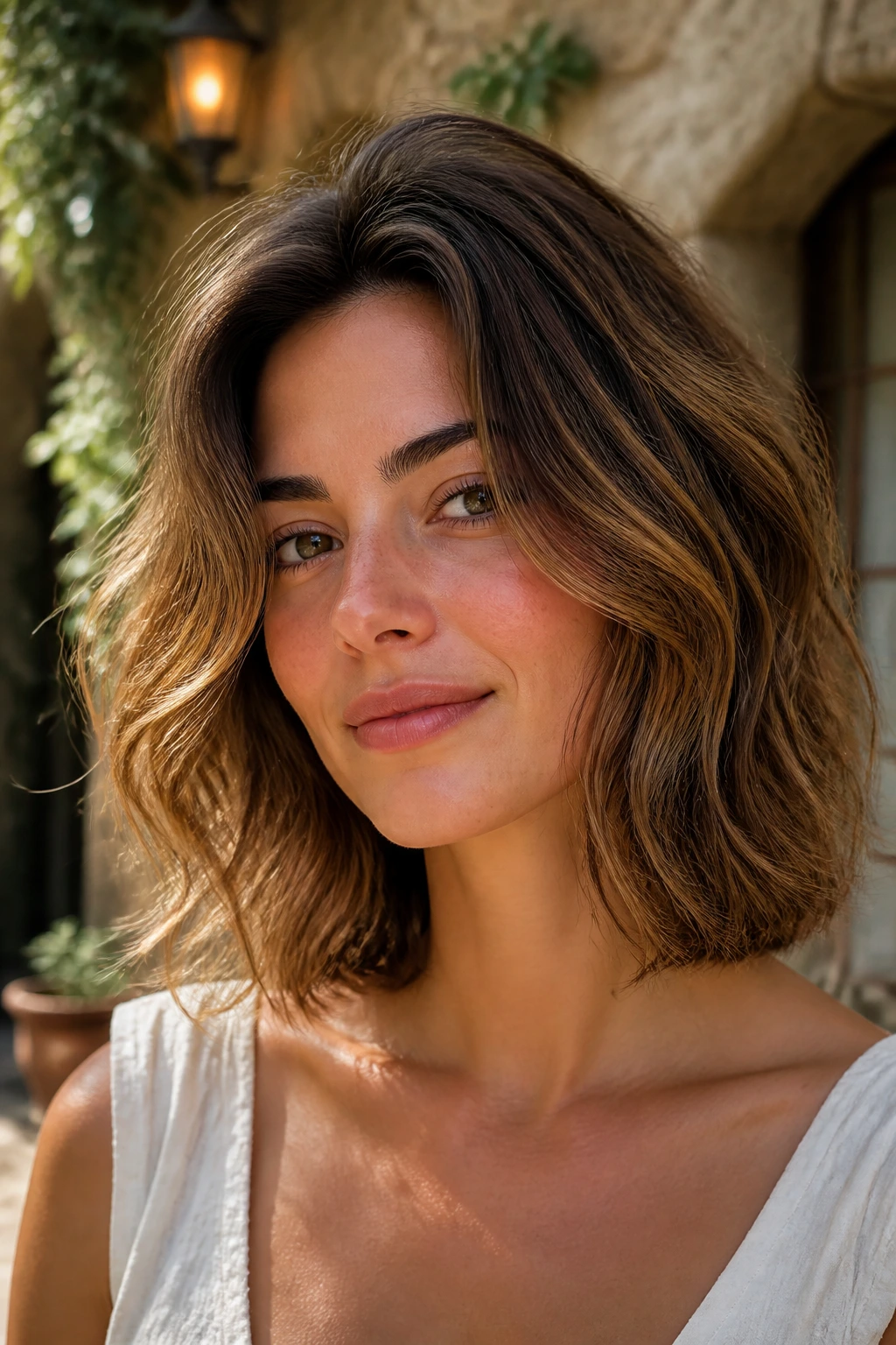 Close-up of real woman with diffused root-lift lob in courtyard light