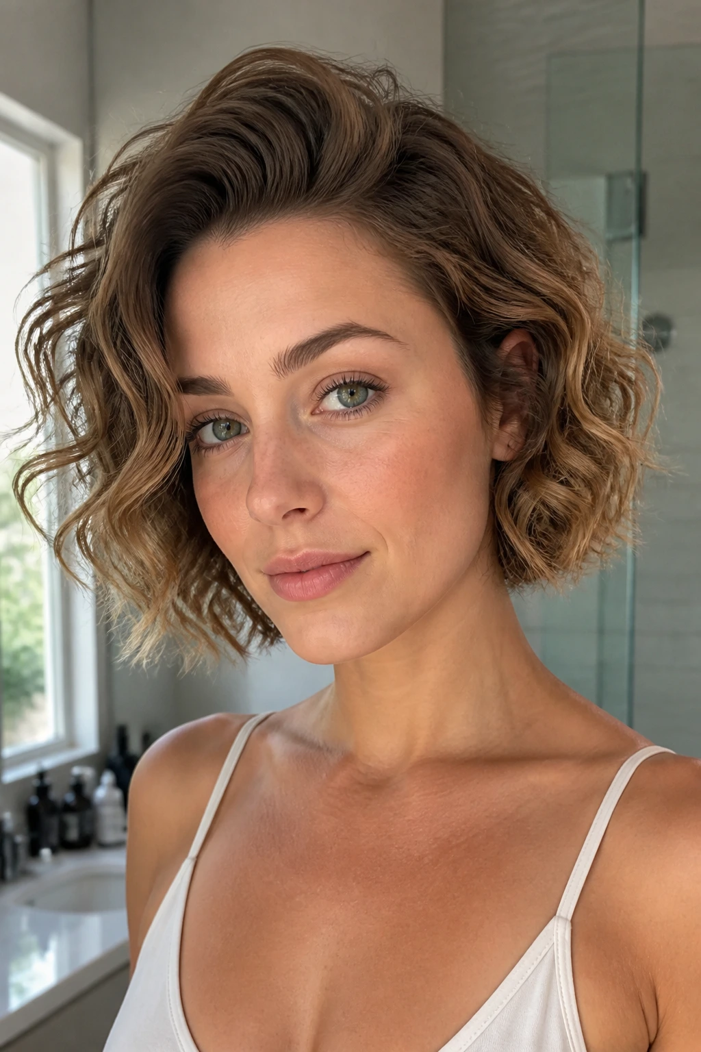 Close-up of a real woman with roots lifted to create volume in short waves