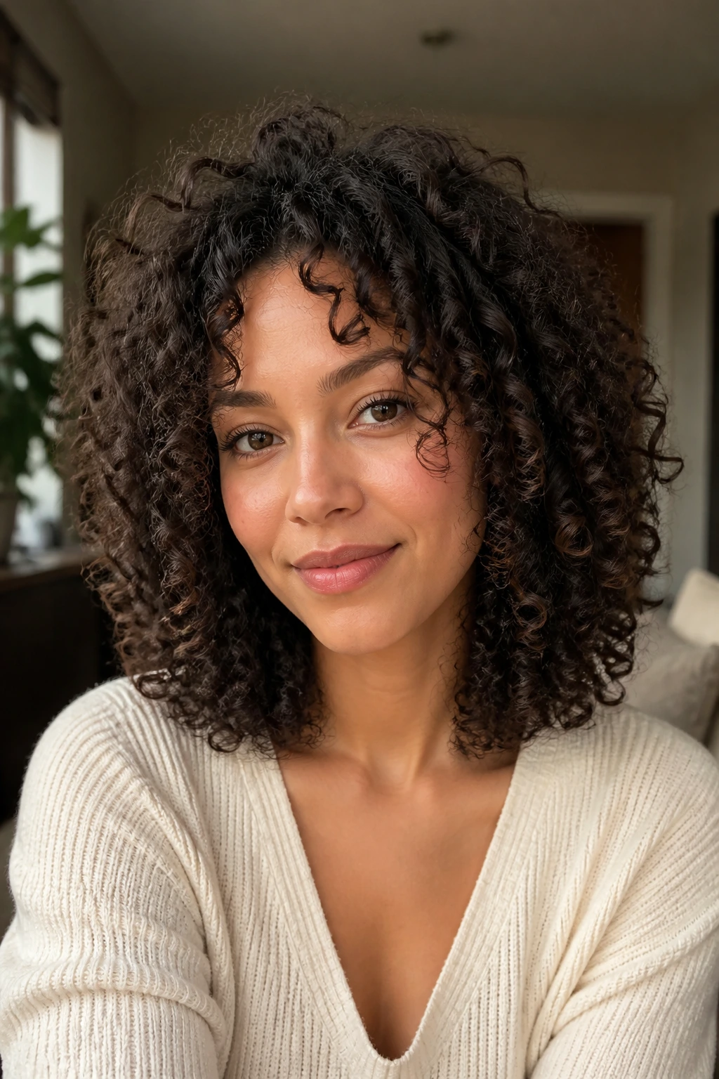 Close-up of a real woman with diffused volume curls and rounded ends.