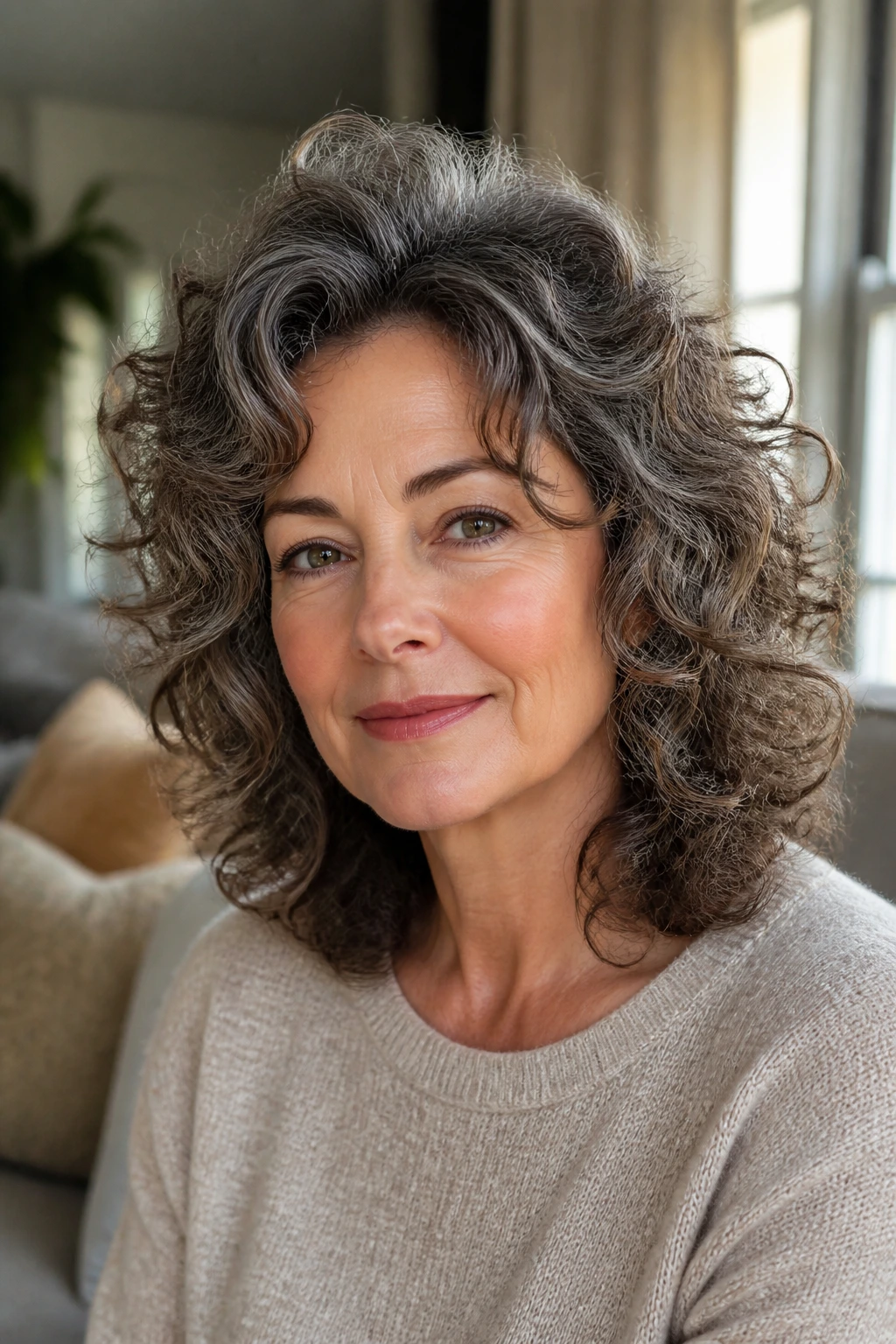 Close-up portrait of a real woman with a diffused volume puff hairstyle, buoyant crown lift.