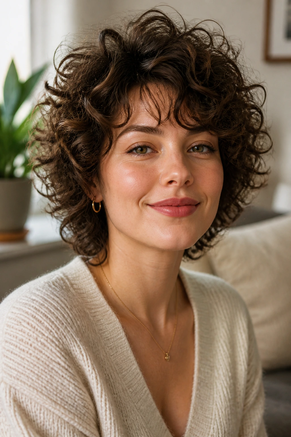 Close-up portrait of a real woman with diffused volume shag and lifted crown.