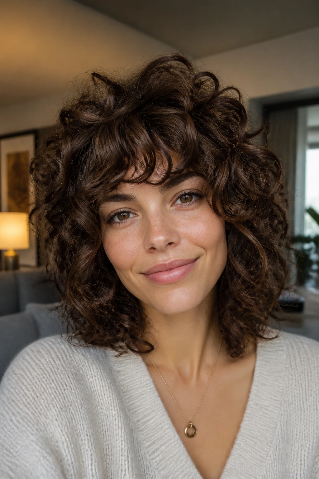 Medium close-up of a real woman with voluminous shoulder-length curls under diffused light