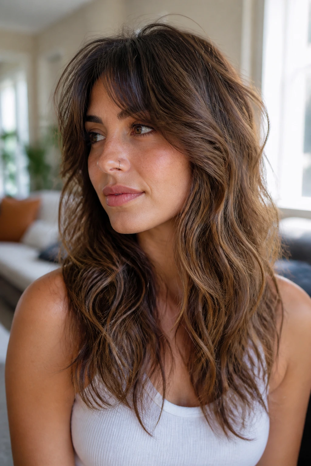 Close-up portrait of a real woman with diffused volume shag and crown lift