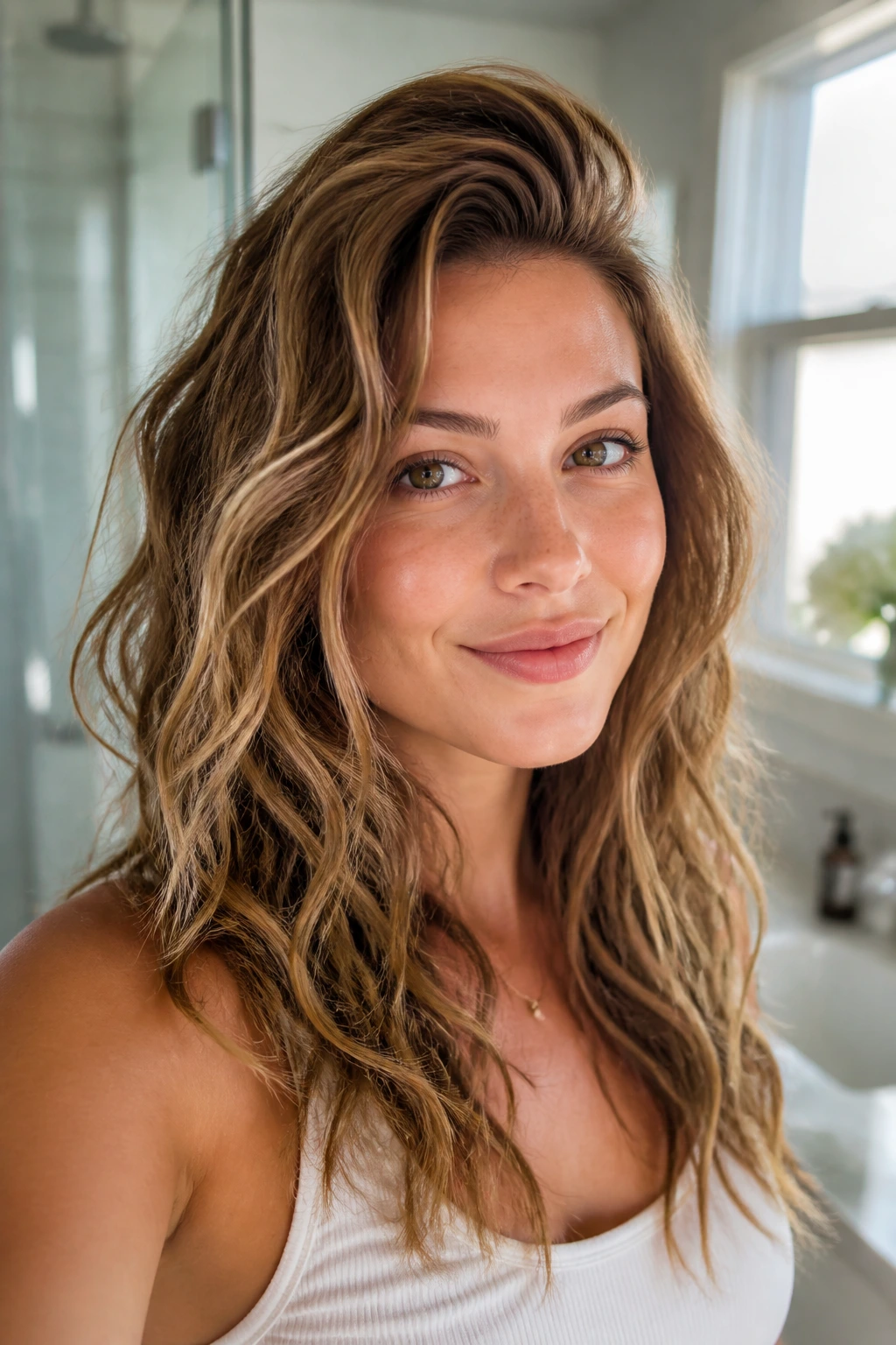 Close-up of a real woman with voluminous crown and diffused volume waves.
