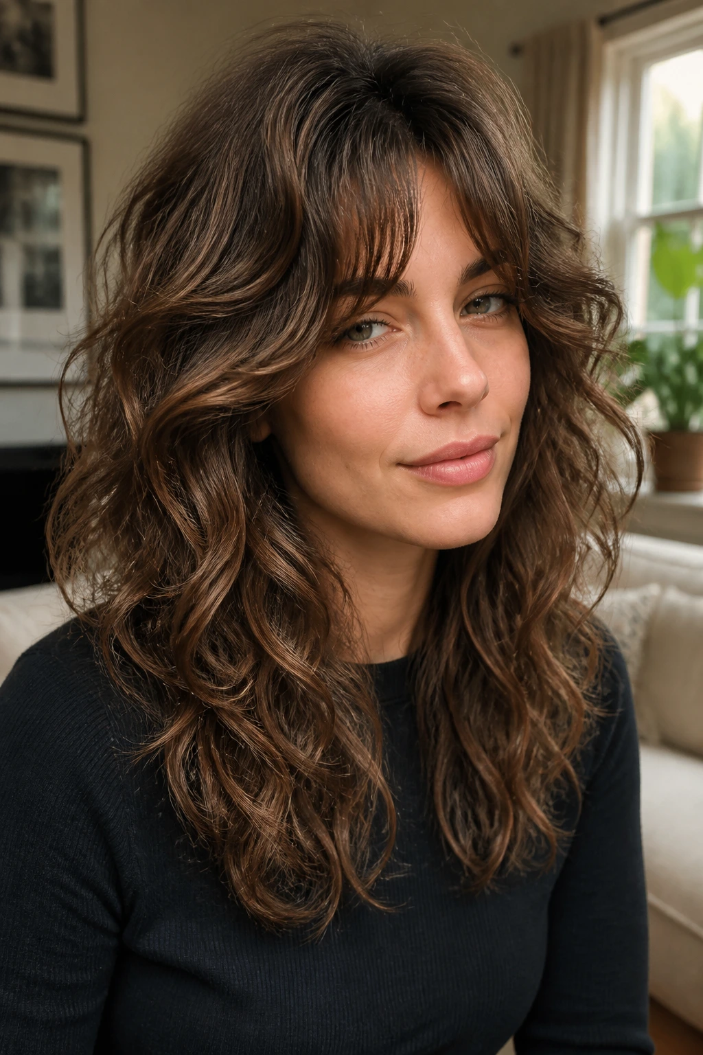 Close-up of a real woman with diffused-volume wolf hair filling the frame
