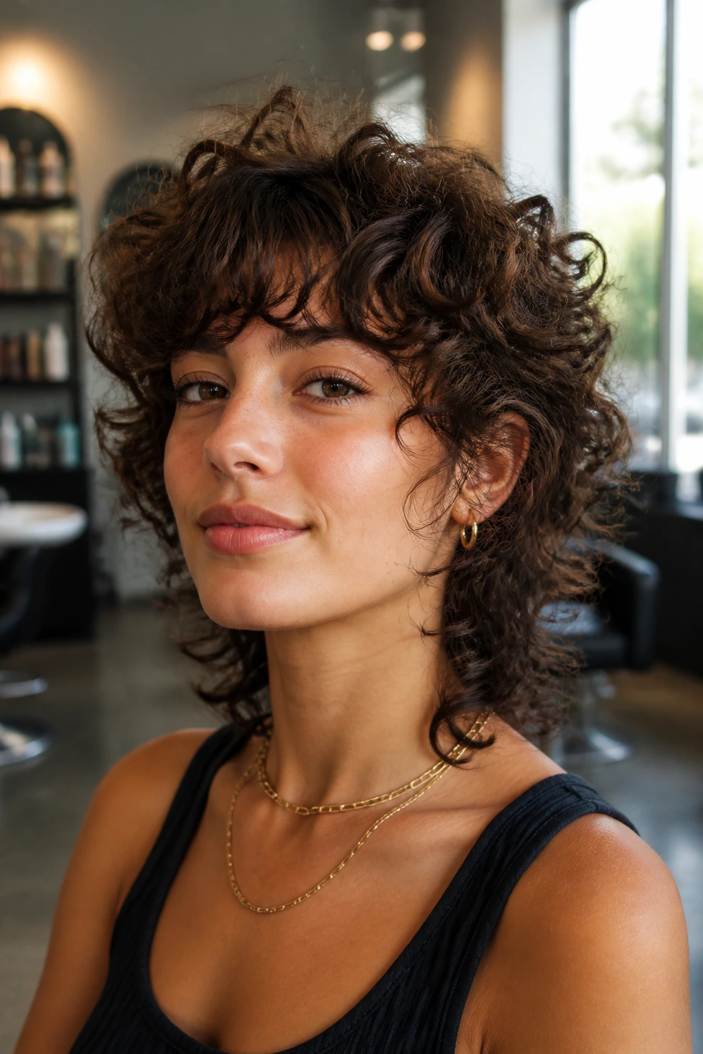 Portrait of a real person with diffused volume wolf shag hairstyle.